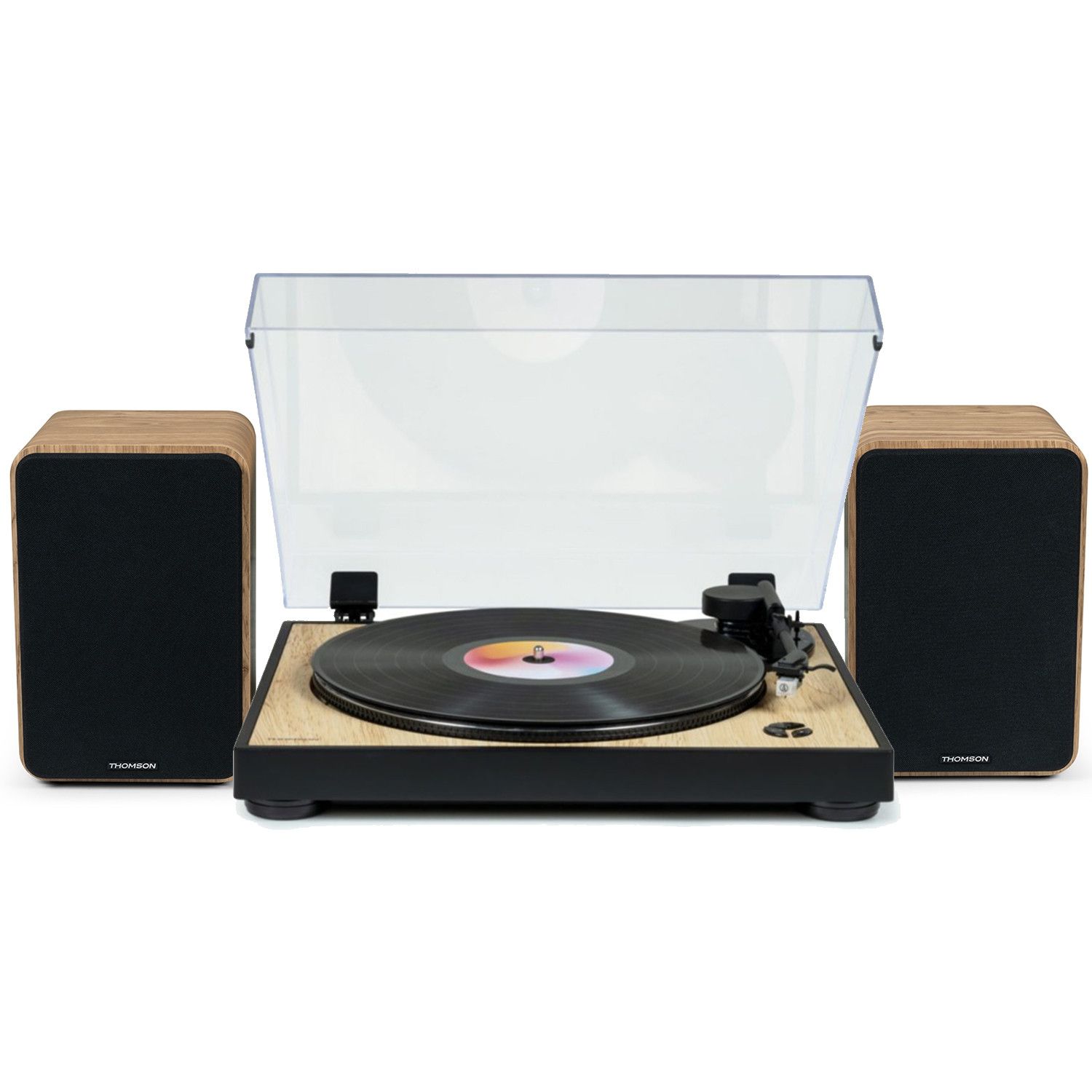 Thomson TT300 Pre-Amp Vinyl Record Player - Wood/Black, 33/45 RPM, Automatic Arm, 100W Speakers