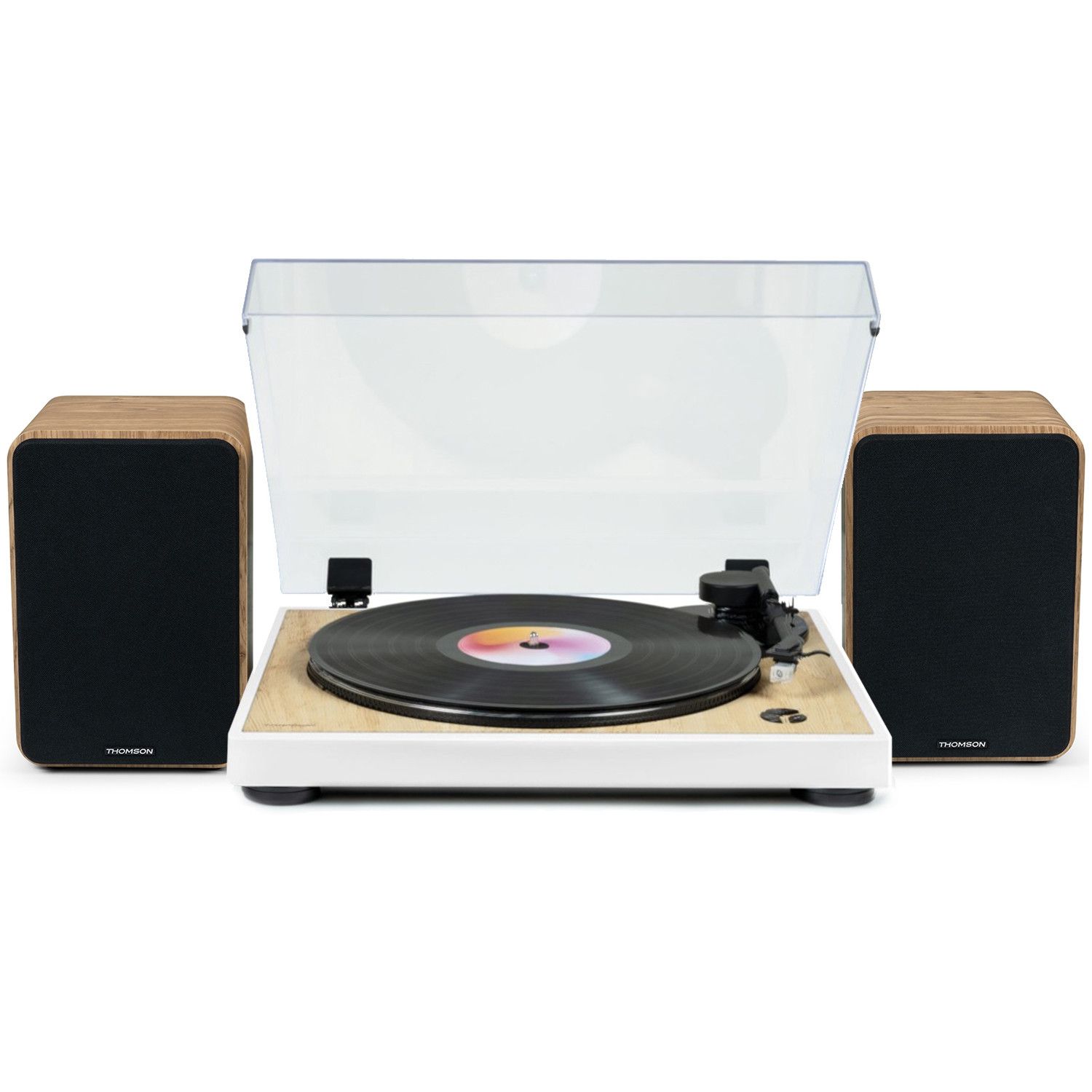 Thompson Pre-Amplified Turntable TT301 - Wood/White, 33/45 RPM, Automatic Arm, Audio-Technica AT3600L Cartridge