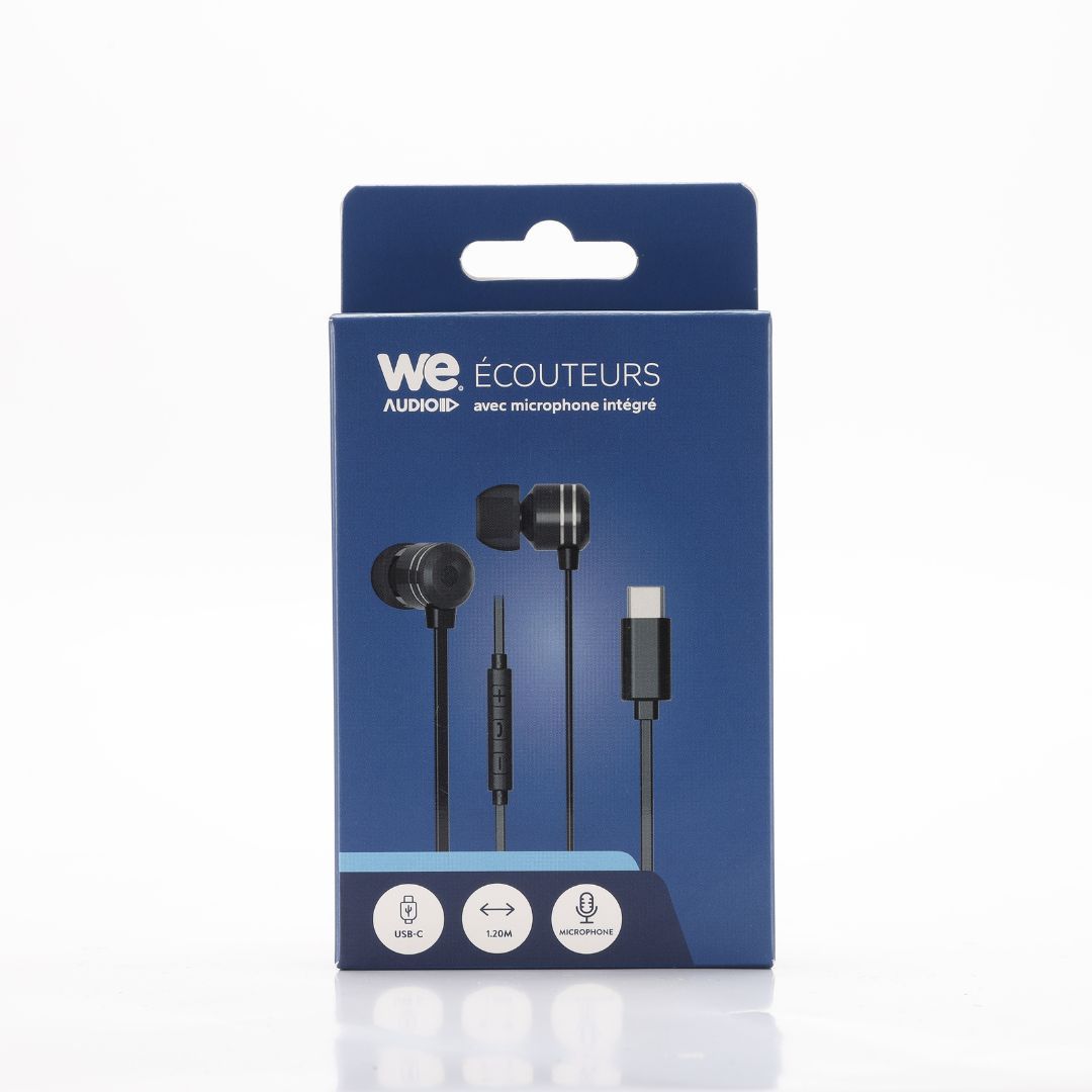 Ecouteurs filaires intra-auriculaires WE avec câble plat de 1,20 m, connecteur USB-C, boîtier de contrôle du volume et microphone intégré - Noir