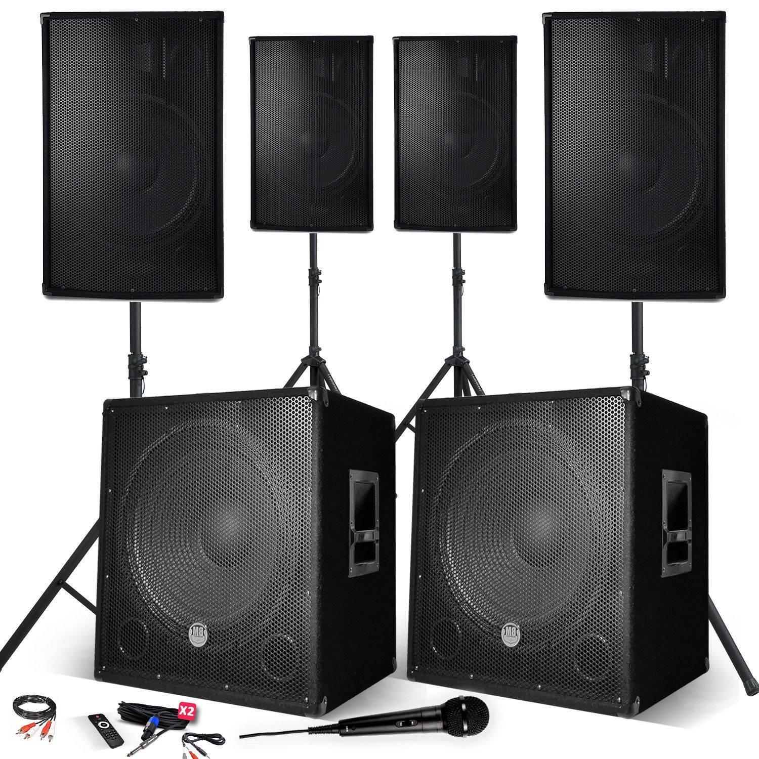 Sistema de Sonorización Bm Sonic Completo 4400W, 4 Altavoces, 2 Subwoofers, Cable USB/Bluetooth y Pies