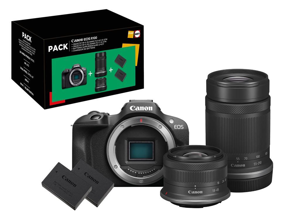 Canon EOS R100 Hybrid Camera Kit Black + RF-S 18-45mm f/4.5-6.3 IS STM Lens + RF-S 55-210mm Lens