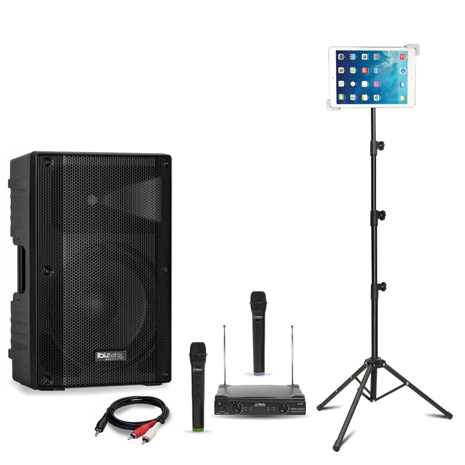 Haut-parleur de karaoké actif Ibiza XTK10A-MKII - 300W, 2 micros sans fil, support tablette SMM20