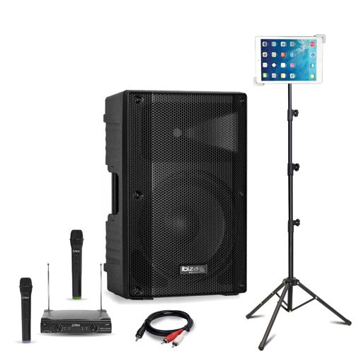 Système de haut-parleur karaoké actif Ibiza XTK15A-MKII 600W - 2 micros sans fil - Support tablette SMM20 - Mariage Fête Sonore