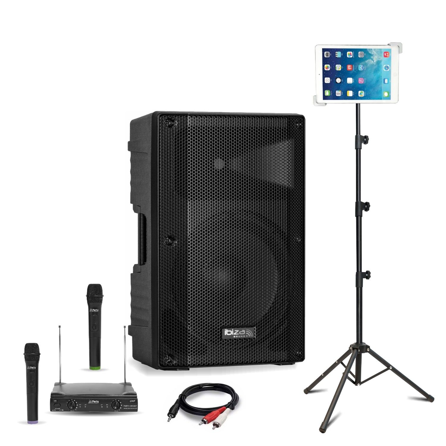 Système de haut-parleur karaoké actif Ibiza XTK15A-MKII 600W - 2 micros sans fil - Support tablette SMM20 - Mariage Fête Sonore