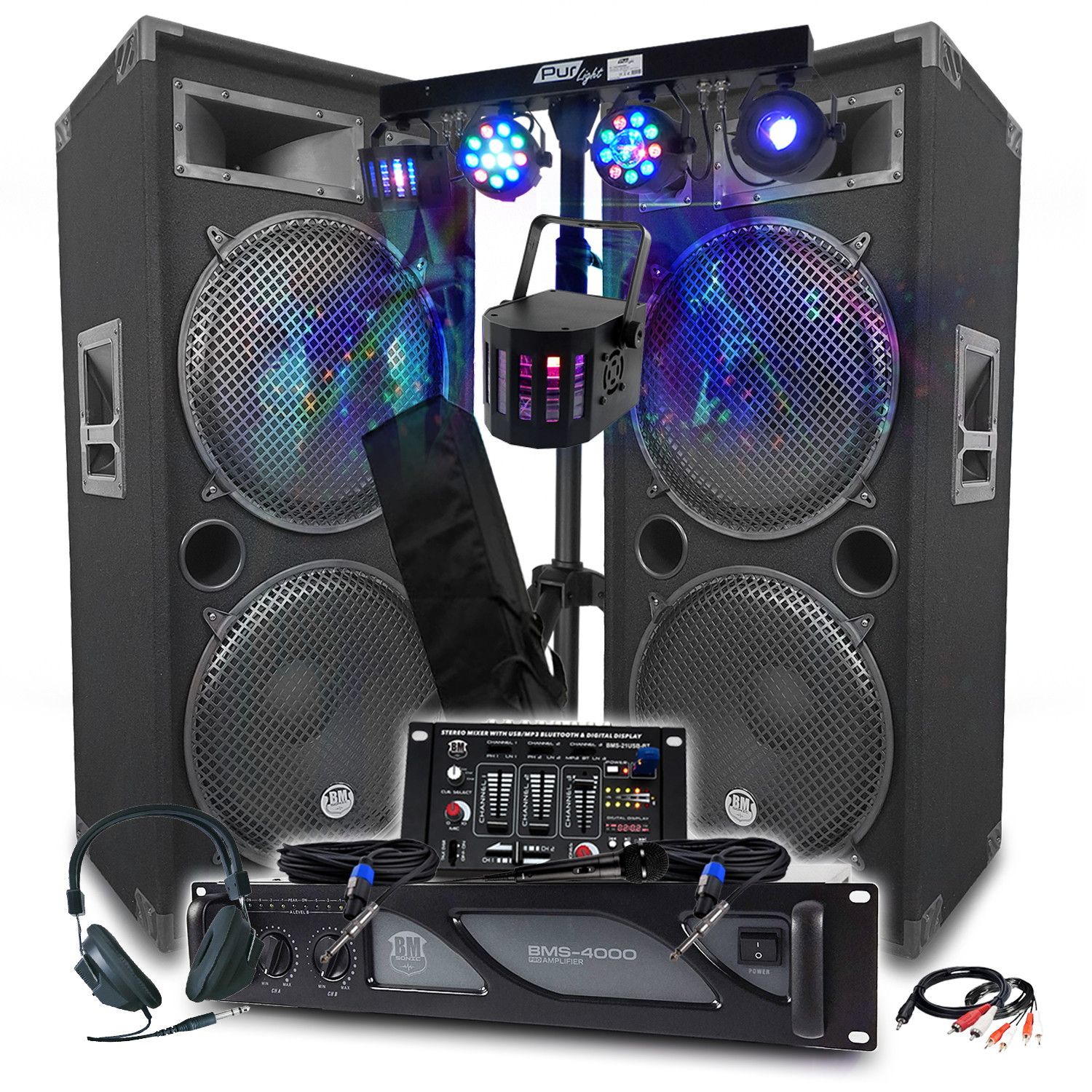 Kit DJ Completo Bm Sonic: Amplificador de 4000W, Altavoces LSC215, Mesa de Mezcla, Portal de Efectos Euphoria + 48 Luces Efecto, Lámparas LED Mini Derby