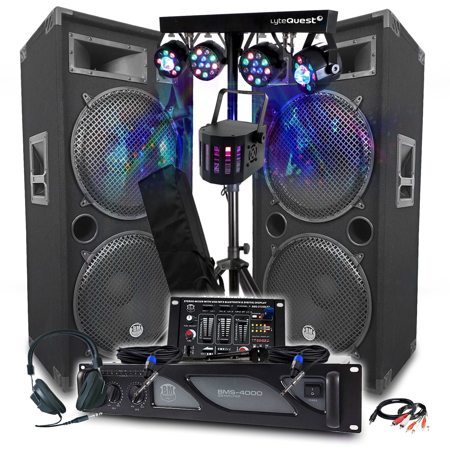 BM Sonic Pack Sono: 4000W Amplifier, 38cm Boomers x2, Bluetooth Mixer Table, 8 LED Scenery Lights