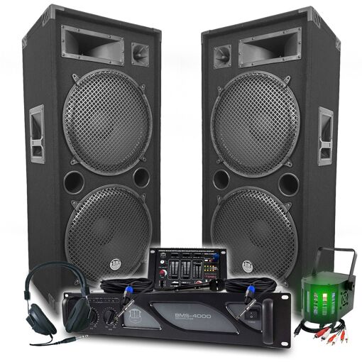 BM SONIC DJ Pack: 4000W Amplifier, Passive Speakers (2x2000W), Mixing Table, Light Set, DJ Headphones, Cables + MINI DERBY LED Multi-Color Light