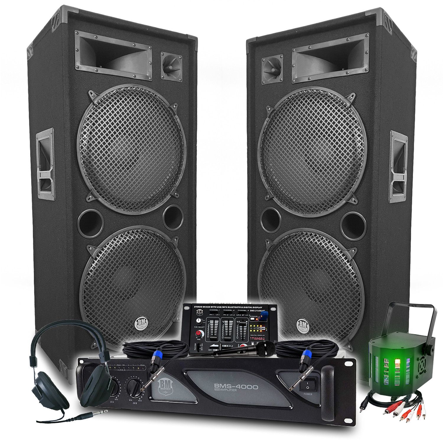 Pack DJ BM SONIC: Amplificador de 4000W, Altavoces Pasivos (2x2000W), Mesa de Mezcla, Juego de Luces, Auriculares DJ, Cables + Juego de Luz LED MINI DERBY multicolor