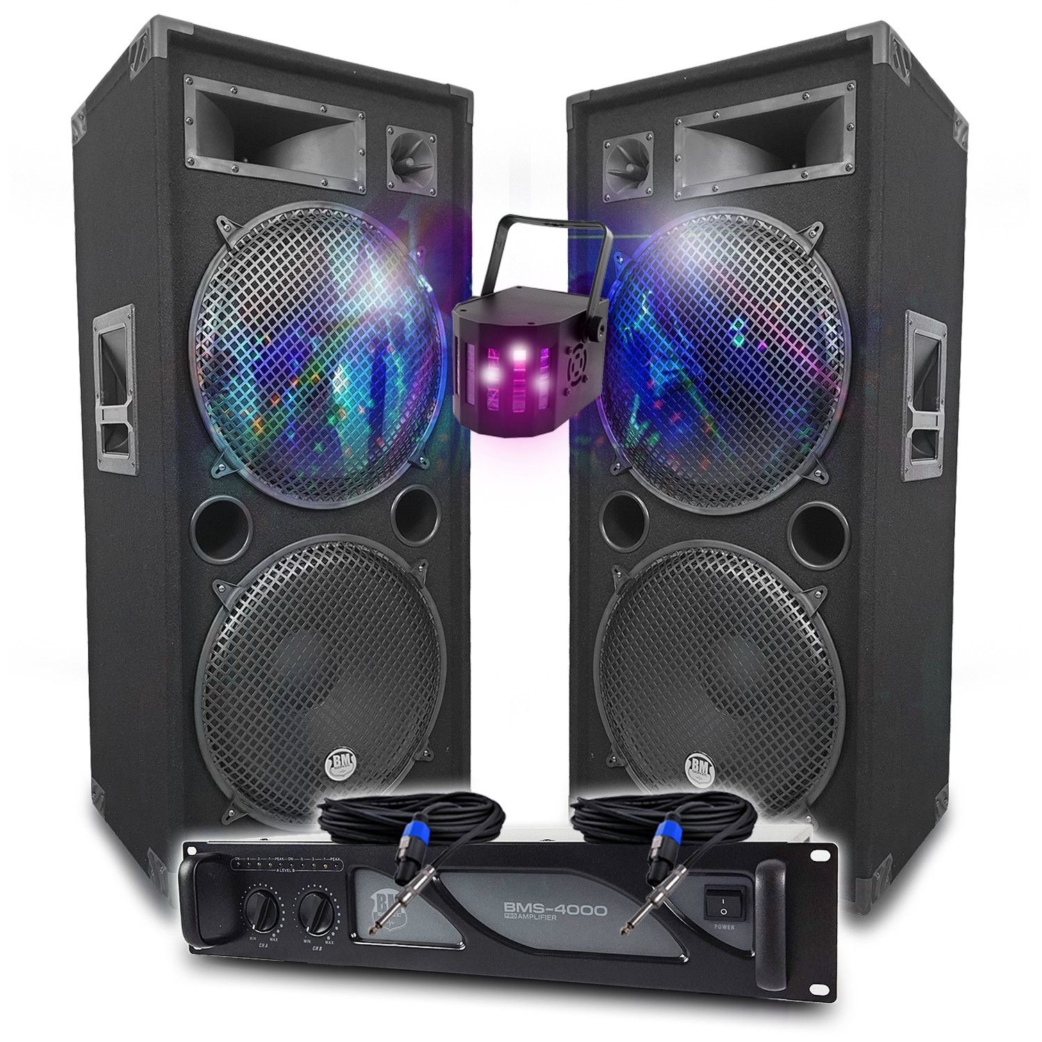 Kit BM SONIC Sono DJ : amplificateur 4000W, enceintes passives LSC215 2x2000W, câbles Speakon, éclairage professionnel LED
