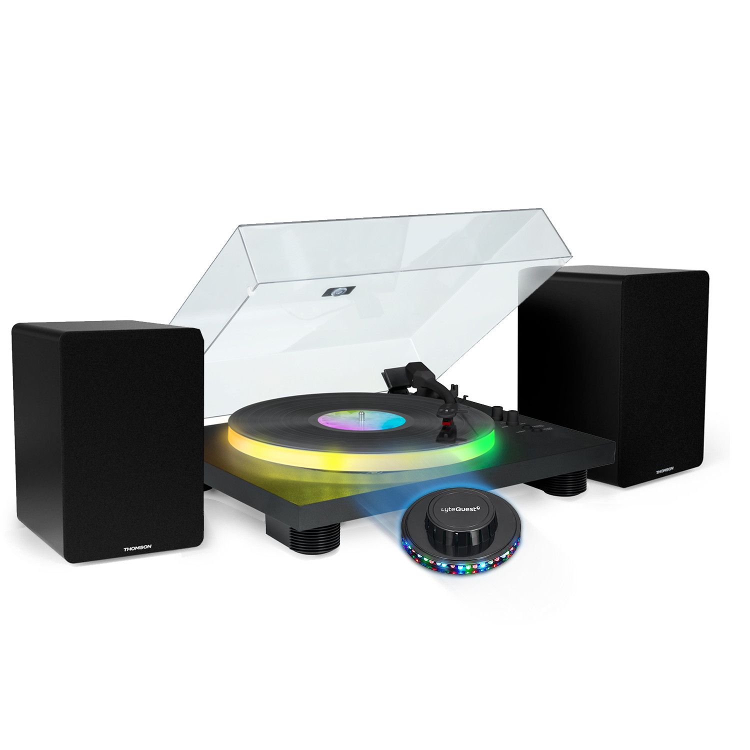 Pickering PartyBTTDLight Bluetooth Turntable with LED Light, Wood Speakers 50W, UFO Light