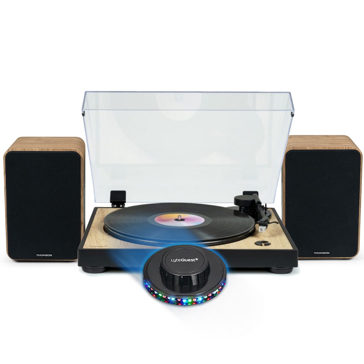 Thomson TT300 Pre-Amplified Turntable - Wood/Black, 33/45 RPM, Automatic Arm, 100W Speakers, UFO LED Light