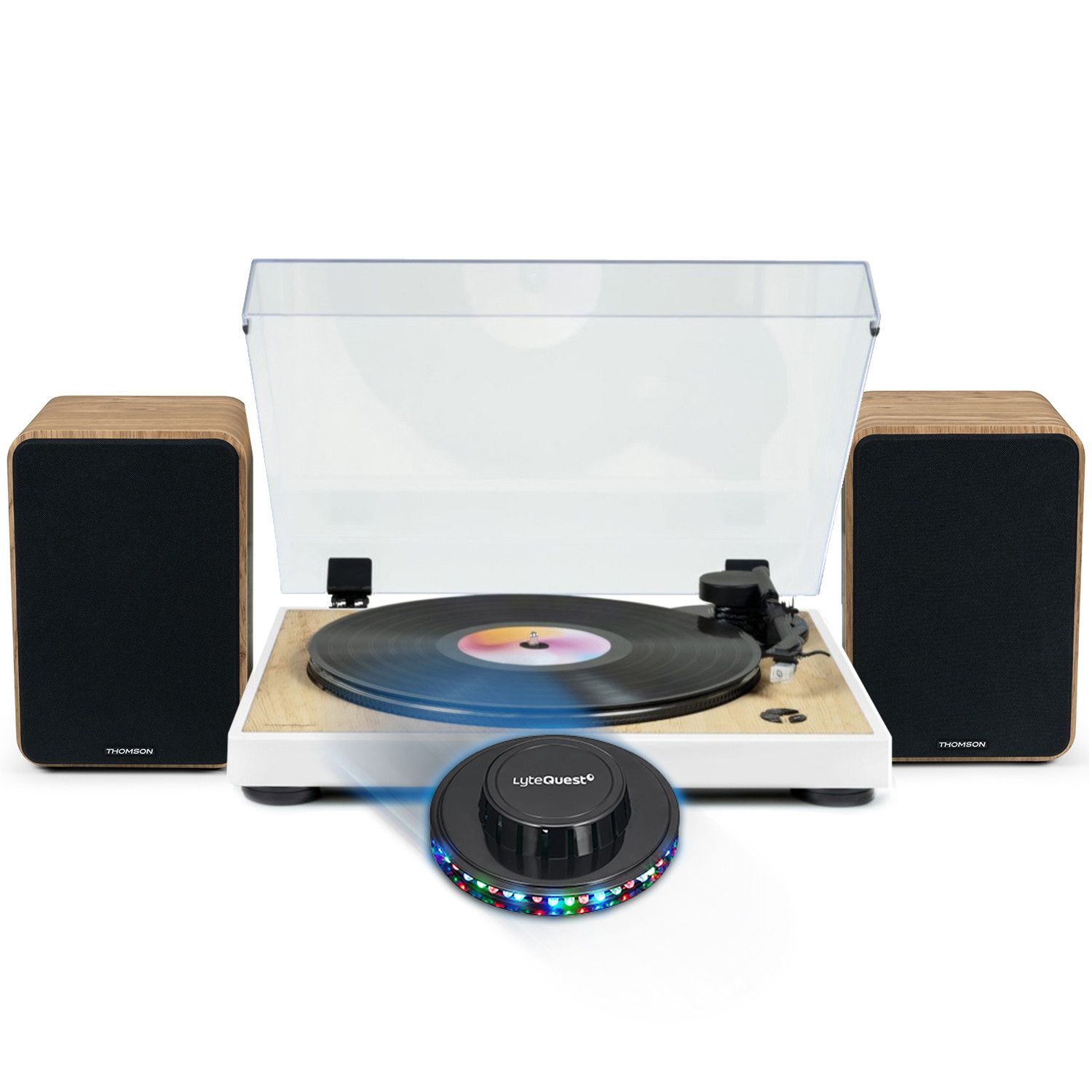 Thompson Pre-Amp Turntable TT301 - Wood/White, 33/45 RPM, Automatic Arm, 100W Speakers, UFO LED Light
