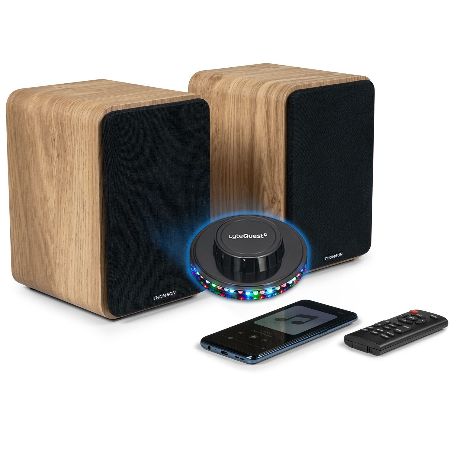 Altavoces de biblioteca Pickering - Armario de madera COSY Duo - 100W Bluetooth 5.0 con entrada óptica y luz LED OVNI