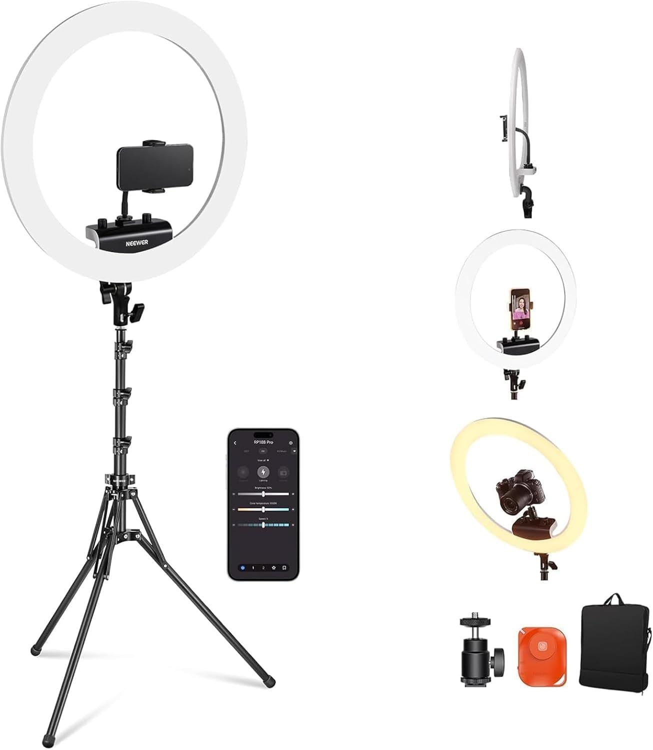 Neewer 18" Ring Light Professional, Ultra-Thin Ring Light, 45W 2900K-7000K TLCI98 with Tripod, Remote Shutter and APP Control, Soft Lighting for TikTok Selfies, RP18B Pro White