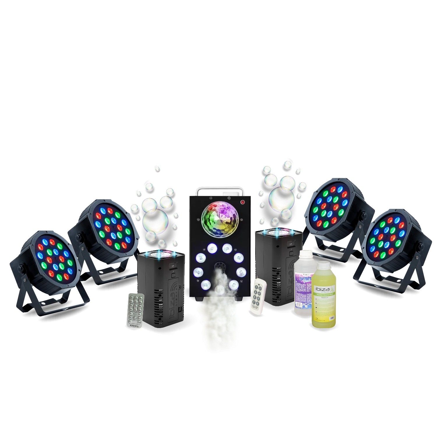 Kit de Iluminación Completo Ibiza Light - 4 Lámparas LED 18W - 2 Máquinas de Humo FOGGY-ASTRO + 2 Máquinas de Burbujas BUBBLE-DREAM