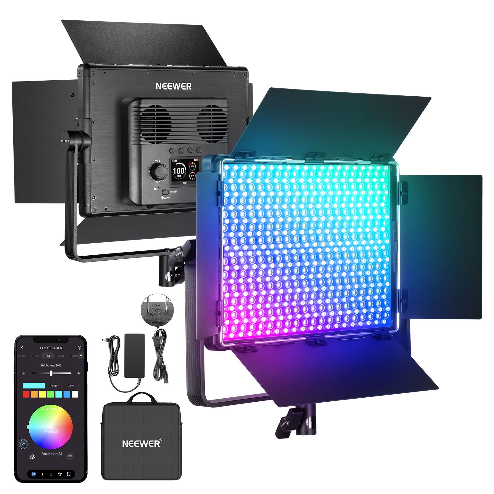 Neewer PL60C 2.4G RGB LED Video Panel Light with App Control, 60W 23000Lux/0.5m, 2500K-10000K RGBCW Pro Studio Lighting