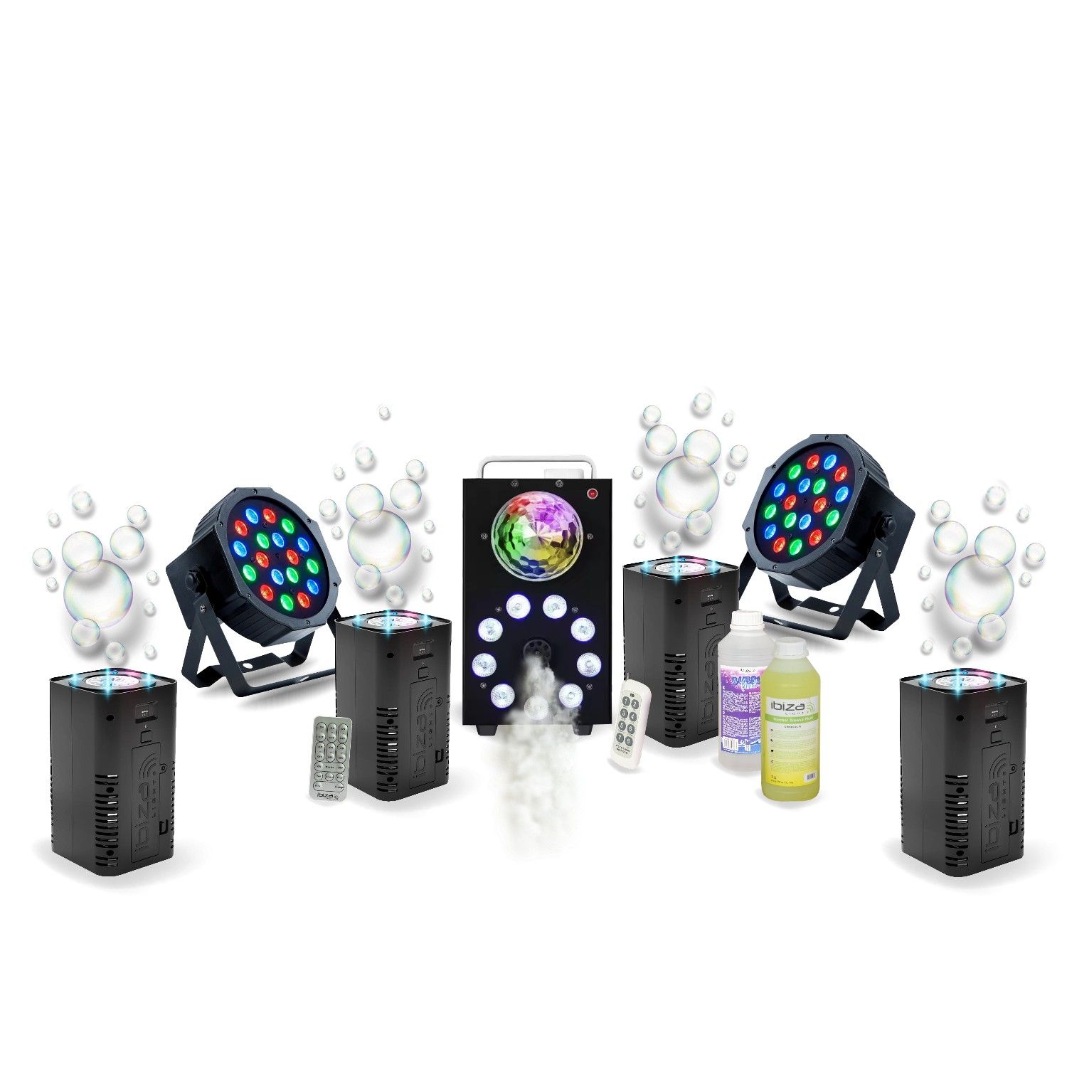 Kit Iluminación DJ Completo - Máquina de Humo Foggy Astro con 2 Proyectores LED 18W y Máquinas de Burbujas