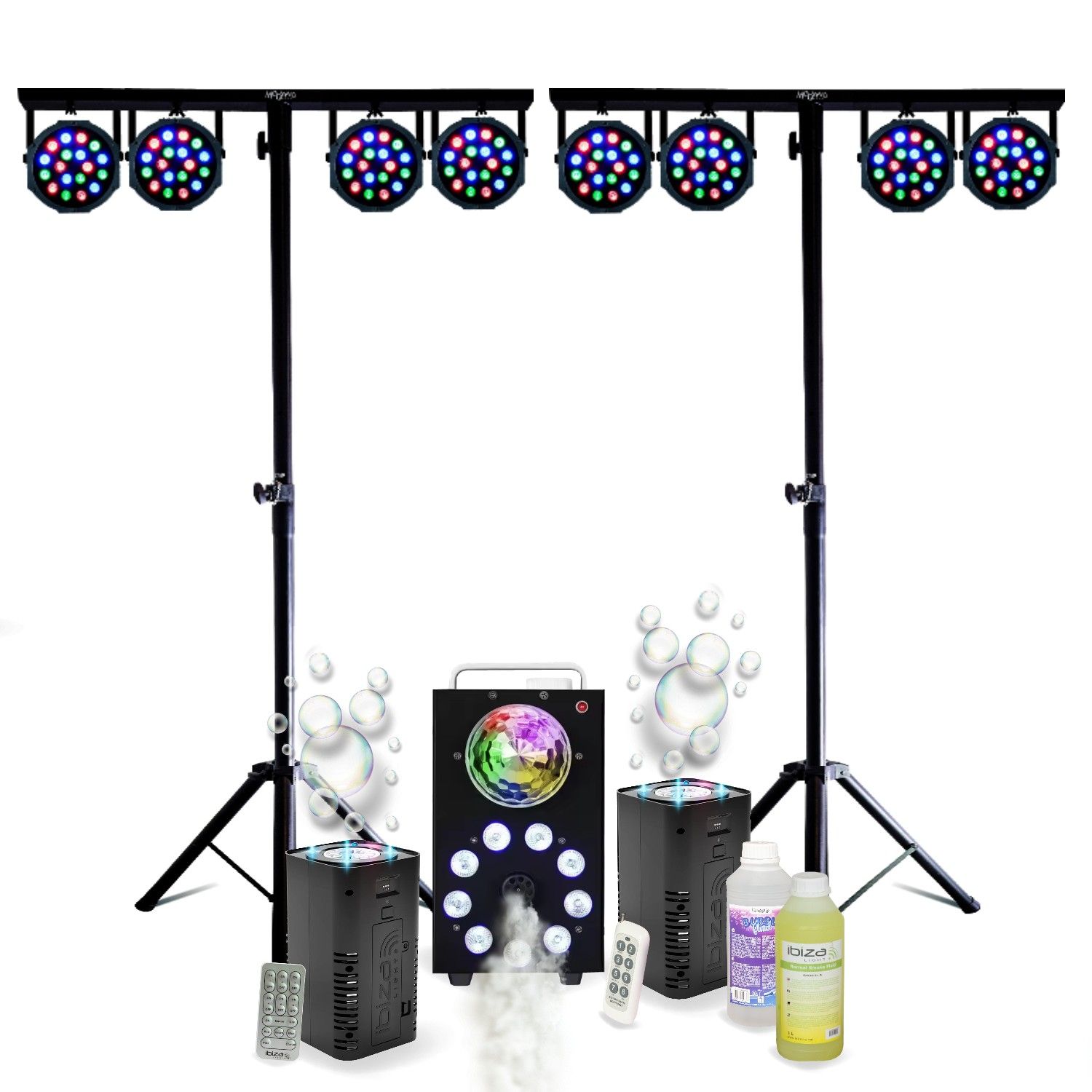 Ibiza Light Moving DJ Pack - 8 LED PAR Lights, 18W, Fog Machine & Bubble Machines
