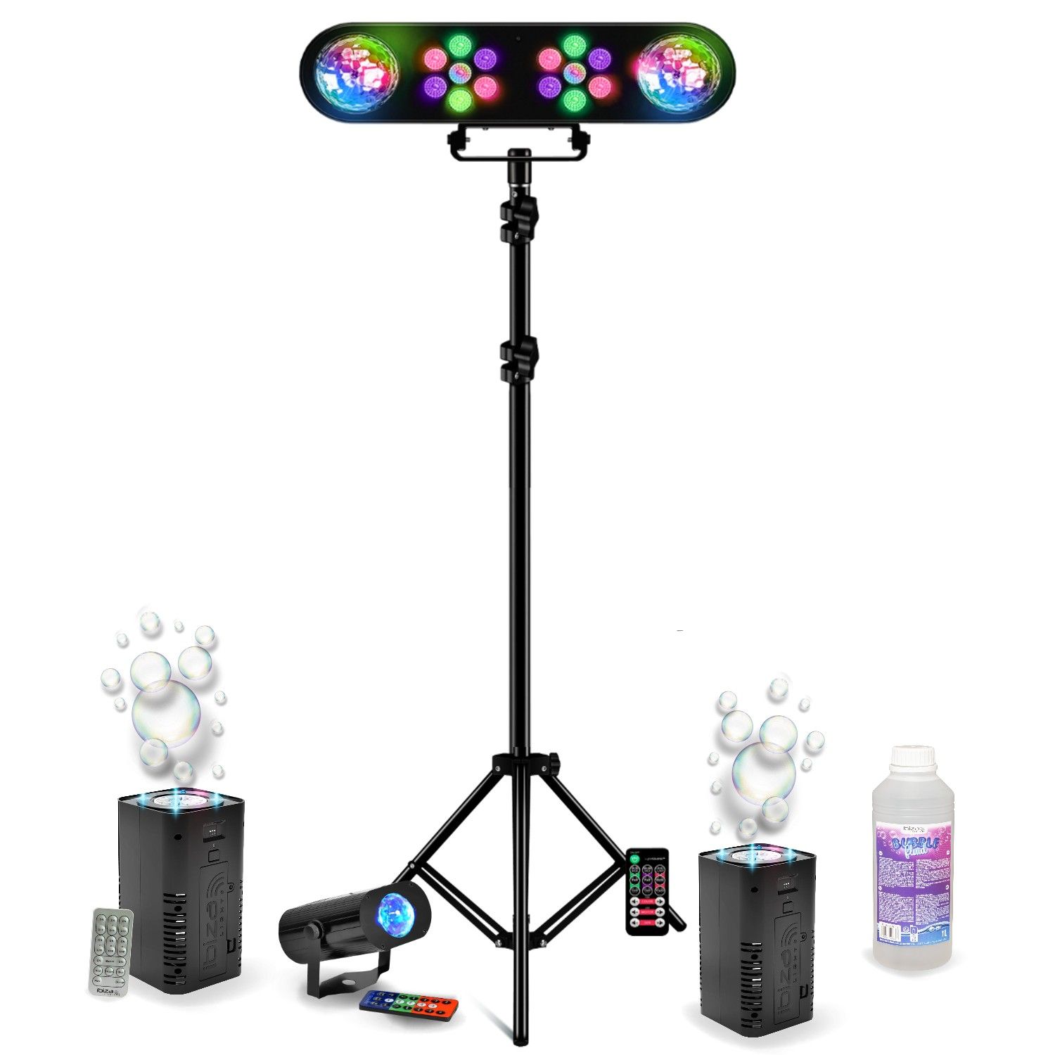 Kit de Iluminación Portico DJ Moviendo LEDBAR-ASTRO-RC - 2 Máquinas de Burbujas Ibiza BUBBLE-DREAM - Efecto de Luz Miniola - Escena Fiesta DJ