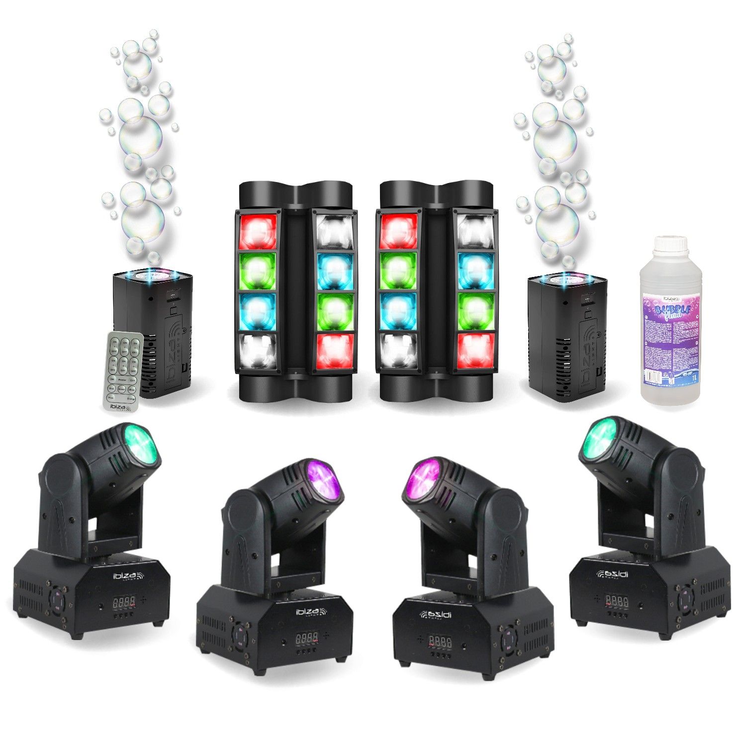 Ibiza Light Pack 4 Beam Lyres LED RGB 10W DMX - 2 Mini Spider Light Sets LED8-MINI - 2 Bubble Machines BUBBLE-DREAM - DJ