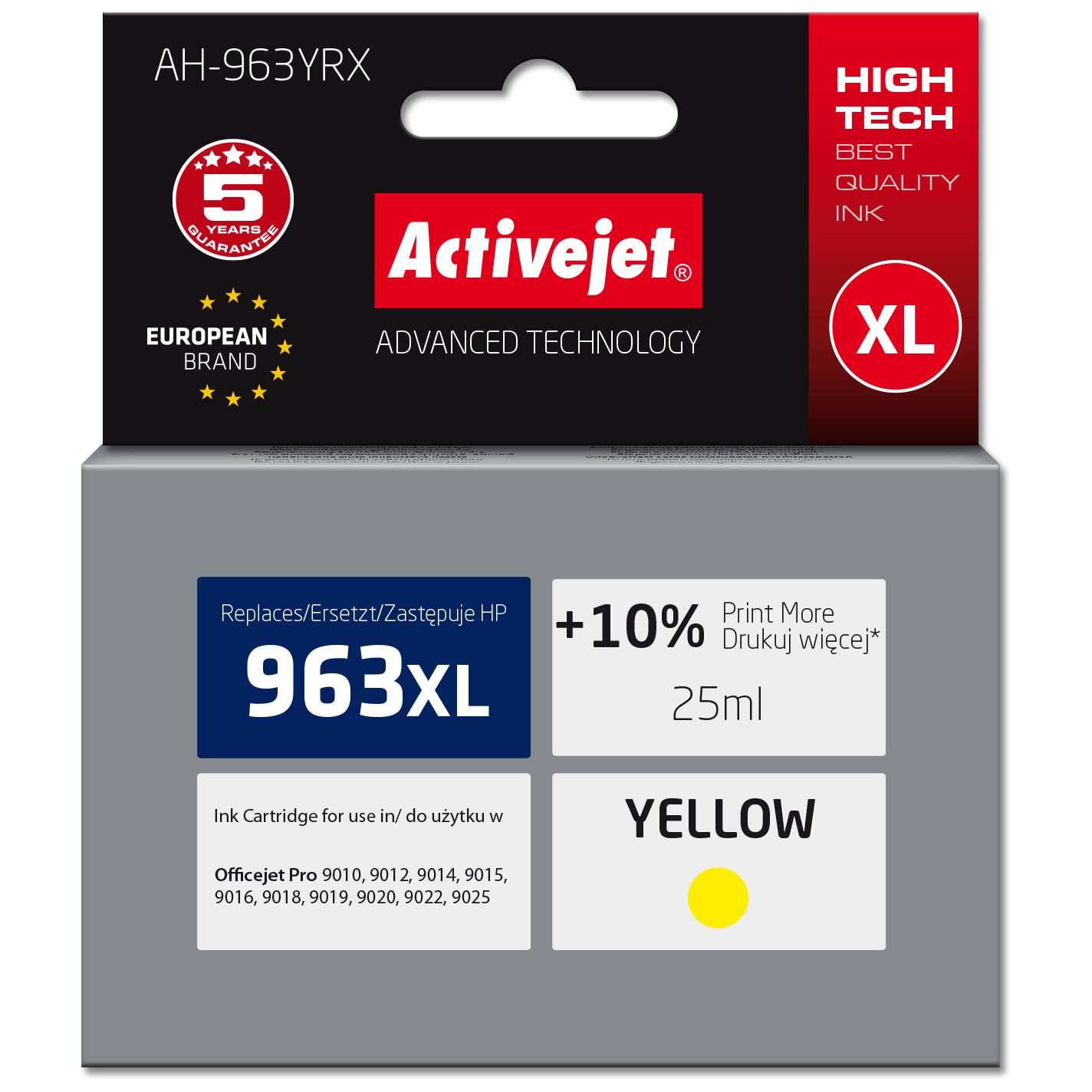 Activejet AH-963YRX Ink for HP Printers, Replacement HP 963XL 3JA29AE; Premium; 1760 Pages; Yellow