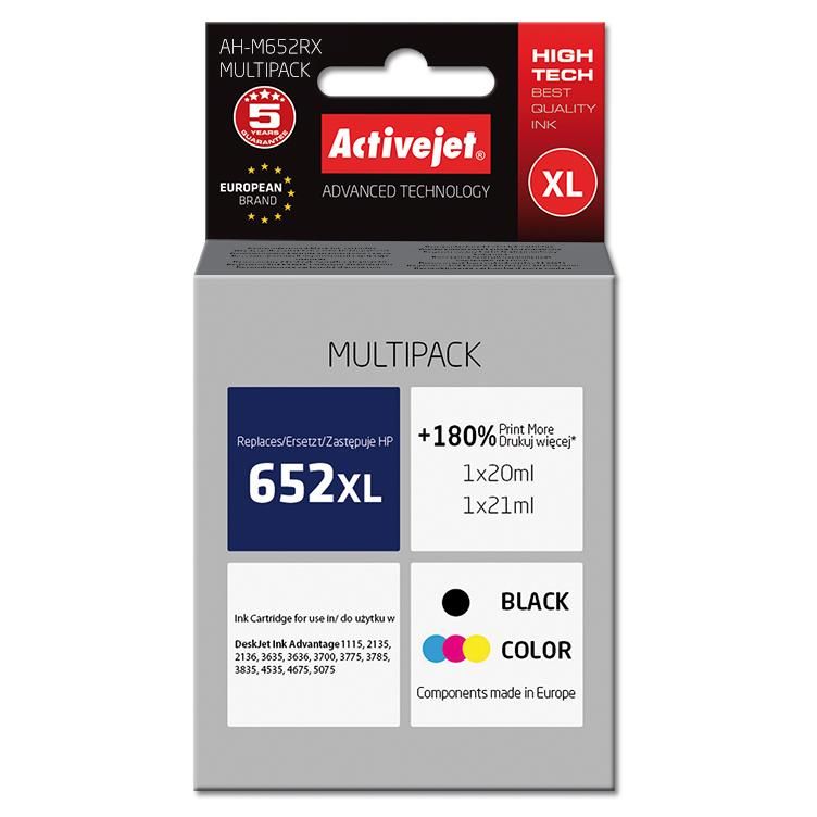 Activejet AH-M652RX Ink (HP 652 Replacement; Premium; 1x20ml Black, 1x21ml Color)