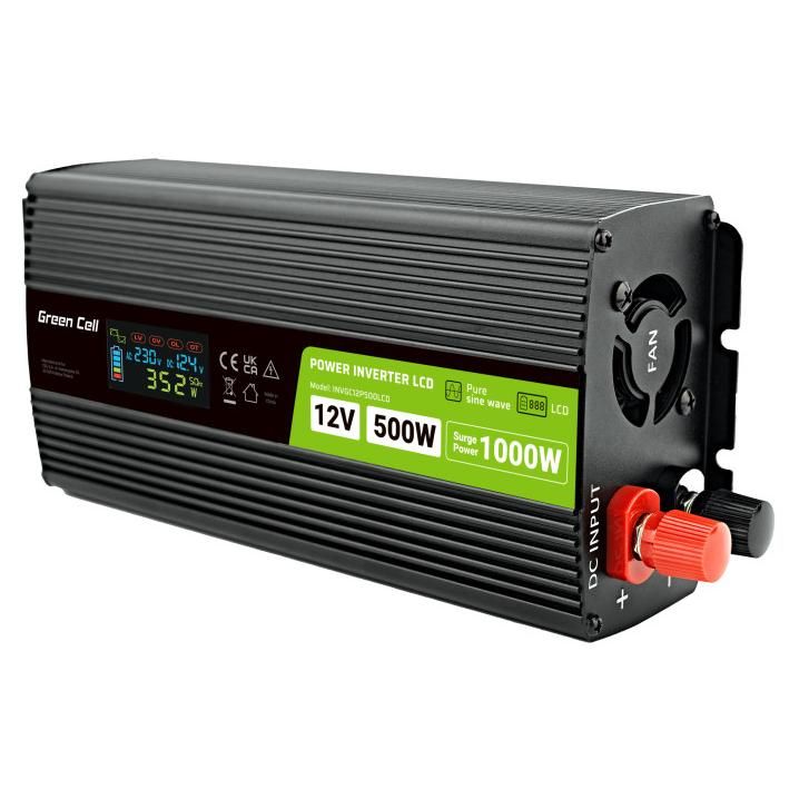 Green Cell PowerInverter LCD 12V 500W/1000W Car Inverter with Display - Pure Sine Wave Adapter & Power Generator