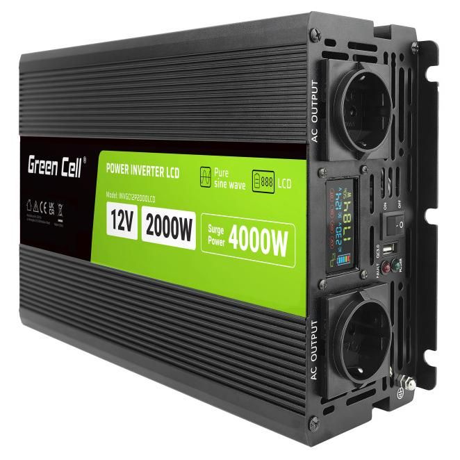 Green Cell PowerInverter LCD 12V 2000W/40000W Car Inverter with Display - Clean Sinus Adapter & Power Generator