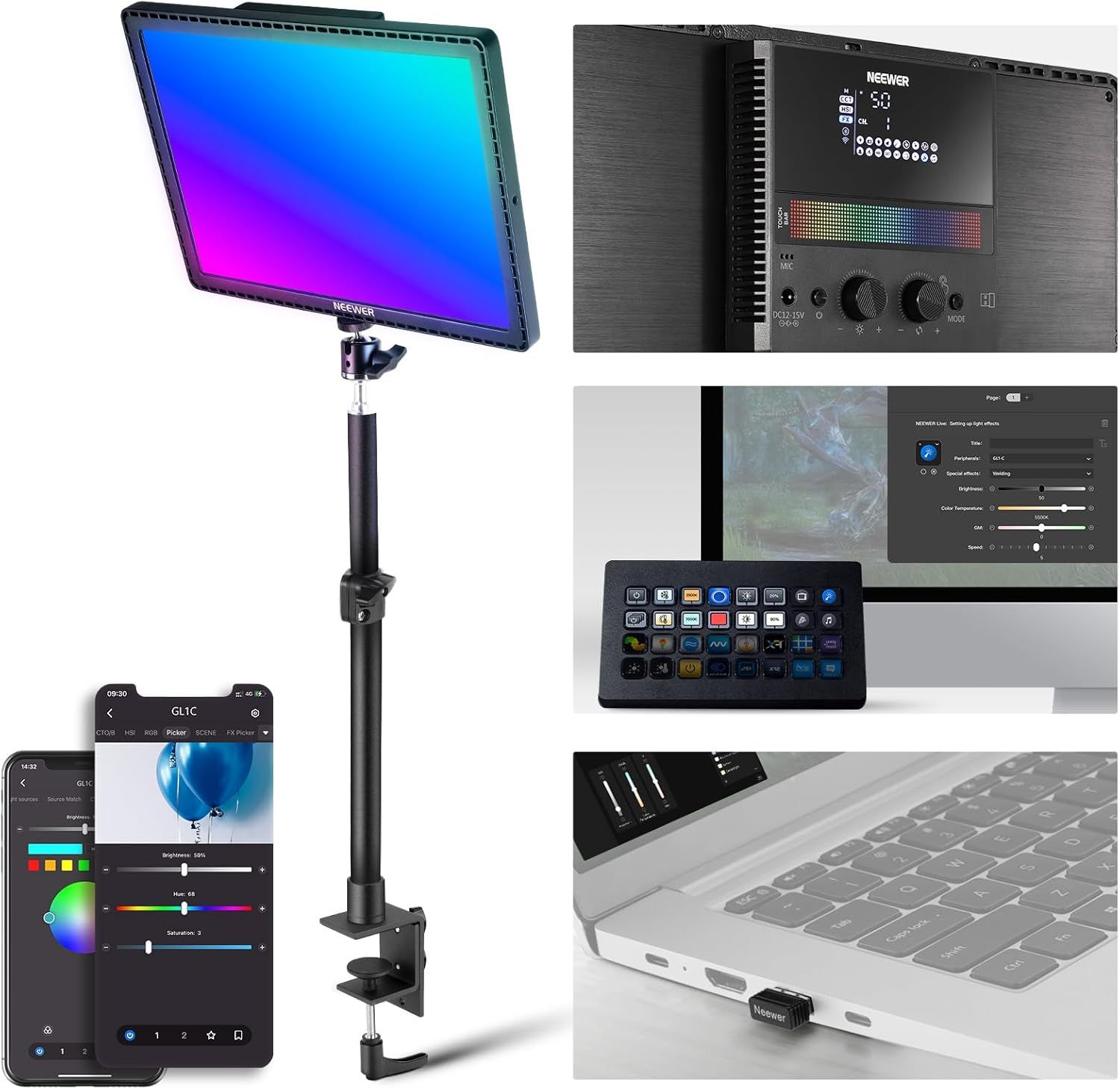 Neewer GL1C RGB 48W LED Key Light, 15.5" Soft Panel, 2.4G/WiFi Control, App Compatible for Video Streaming, Gaming, and Photography