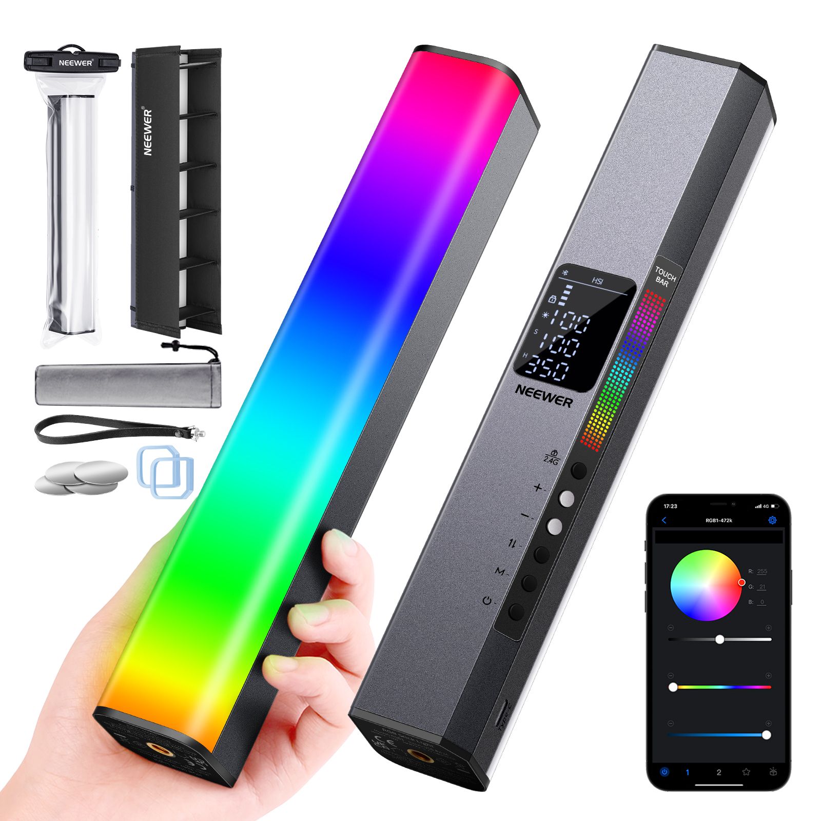 Barril de luz LED de video NEEWER, control táctil y APP, luz de fotografía portátil con intensidad variable 3200K-5600K CRI98+ luz LED de color con batería de 6400 mAh (Plata)