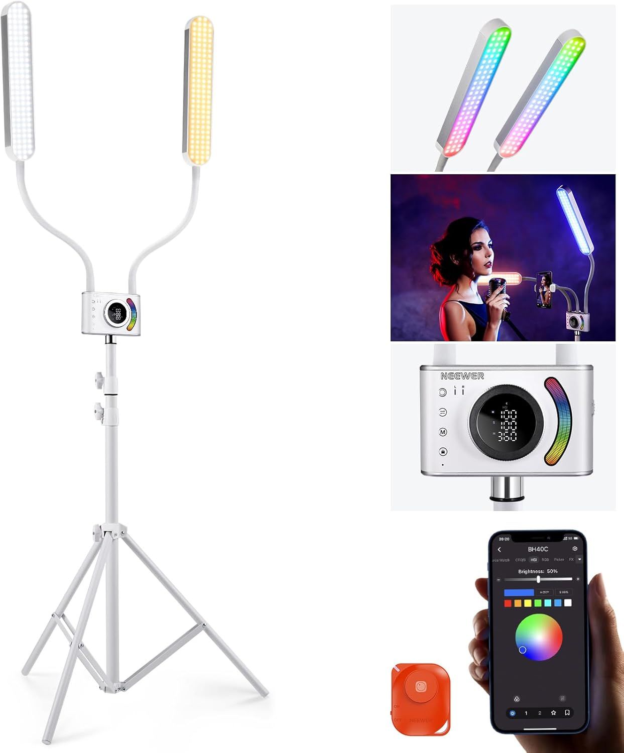 Neewer BH40C LED Light Kit for Estheticians, RGB App/Touch Bar Control, Dual-Arm Video Lighting with Phone/Tripod Holder and Bag, 2500K-10000K 18 Scenes for Tattooing and Eyelashes