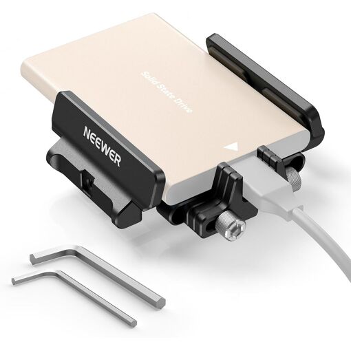 Soporte para SSD de Neewer de aluminio con cierre de cable Cold Shoe, compatible con 1,6"-2,6"/40-65 mm Samsung T5 T7 SSD, SanDisk, SmallRig Cage para BMPCC 4K 6K, Sigma FP