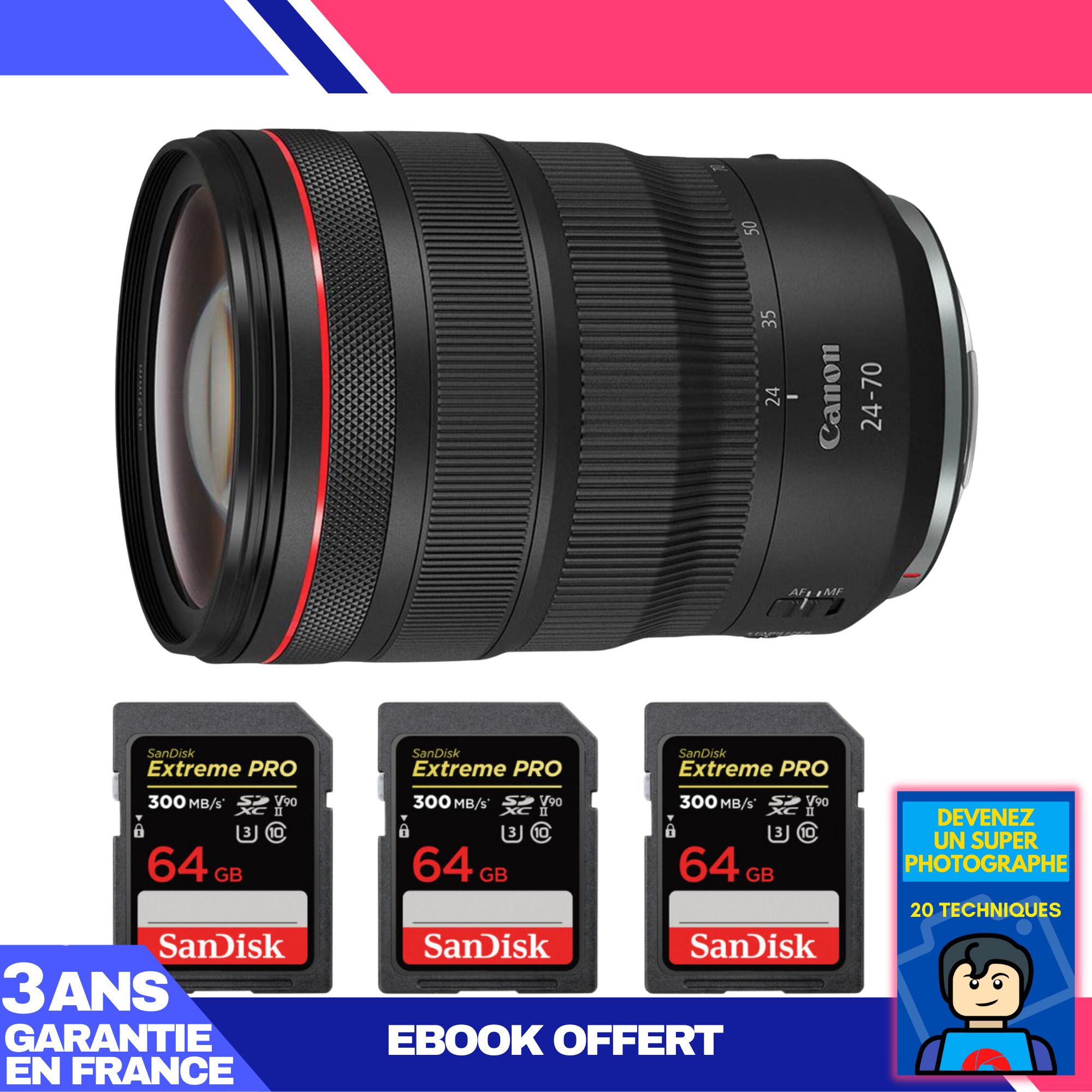Canon RF 24-70mm f/2.8L IS USM Lens + 3 SanDisk 64GB Extreme PRO UHS-II Cards + 'Become a Super Photographer' Ebook