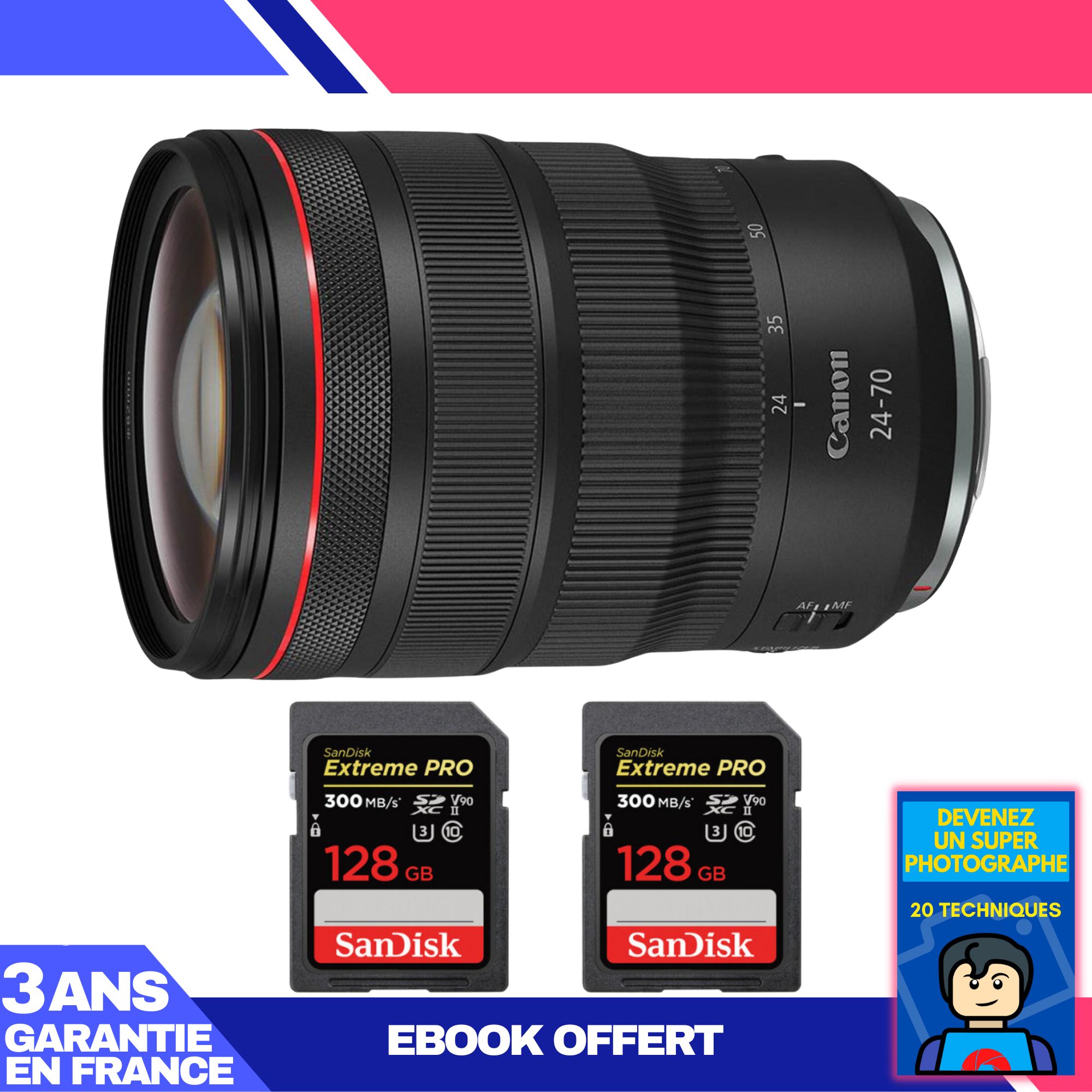 Canon RF 24-70mm f/2.8L IS USM Lens + 2 SanDisk 128GB UHS-II 300MB/s Cards + 'Become a Super Photographer' Ebook