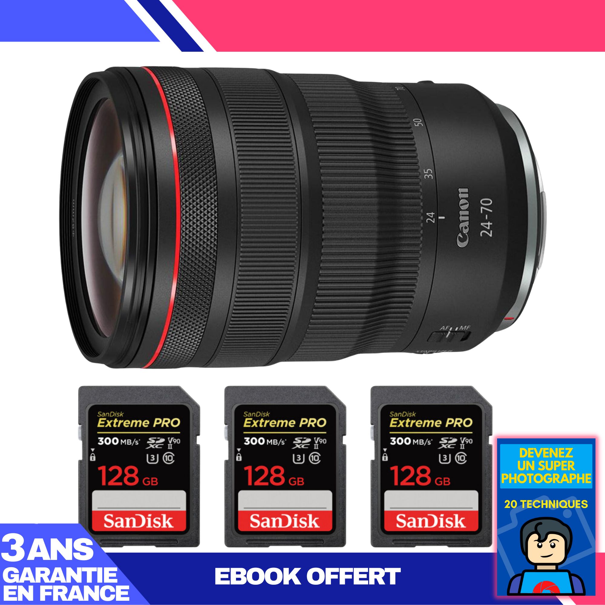 Canon RF 24-70mm f/2.8L IS USM Lens + 3 SanDisk 128GB UHS-II Cards + 'Become a Pro Photographer' Ebook