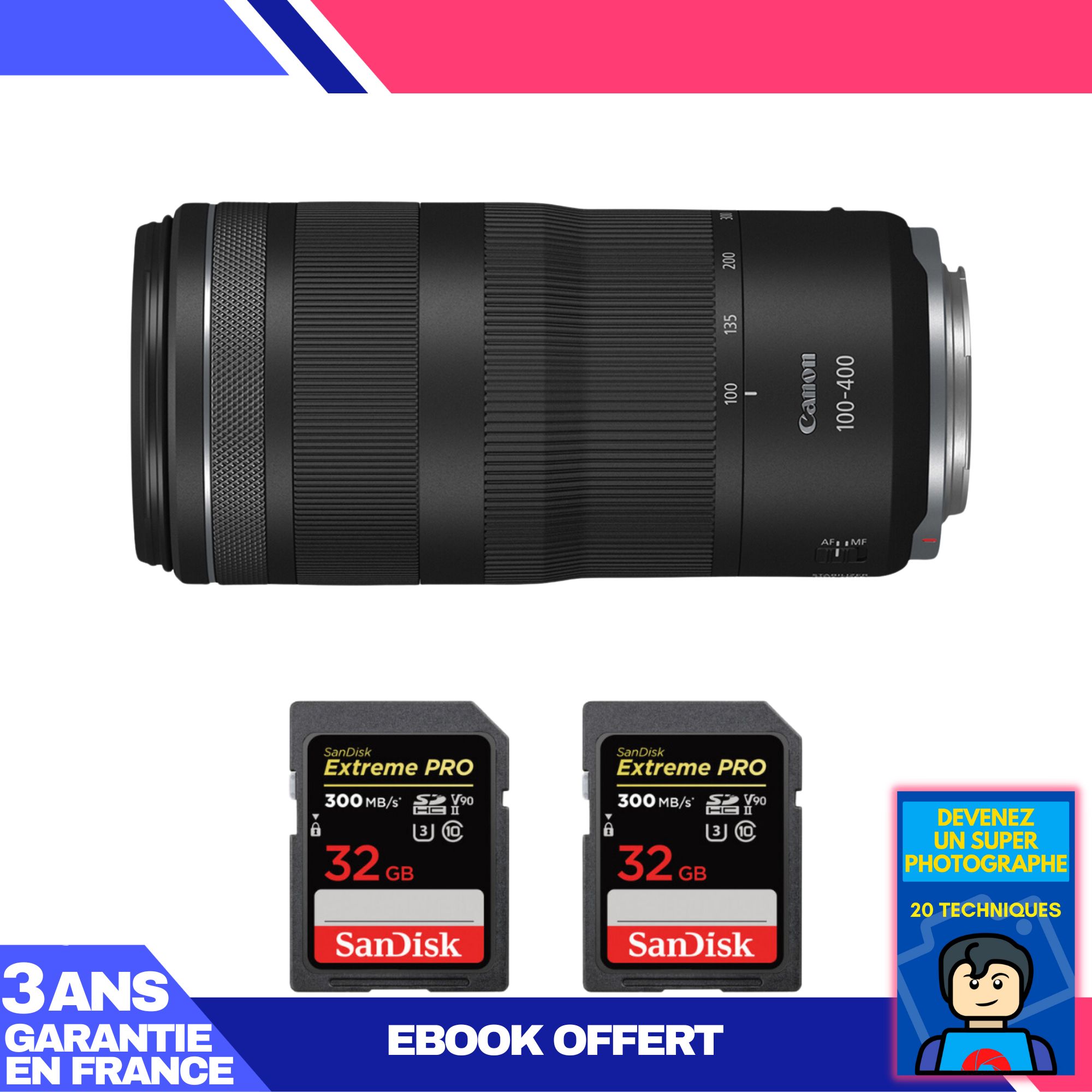 Canon RF 100-400mm f/5.6-8 IS USM Lens + 2 SanDisk 32GB Extreme PRO SD Cards