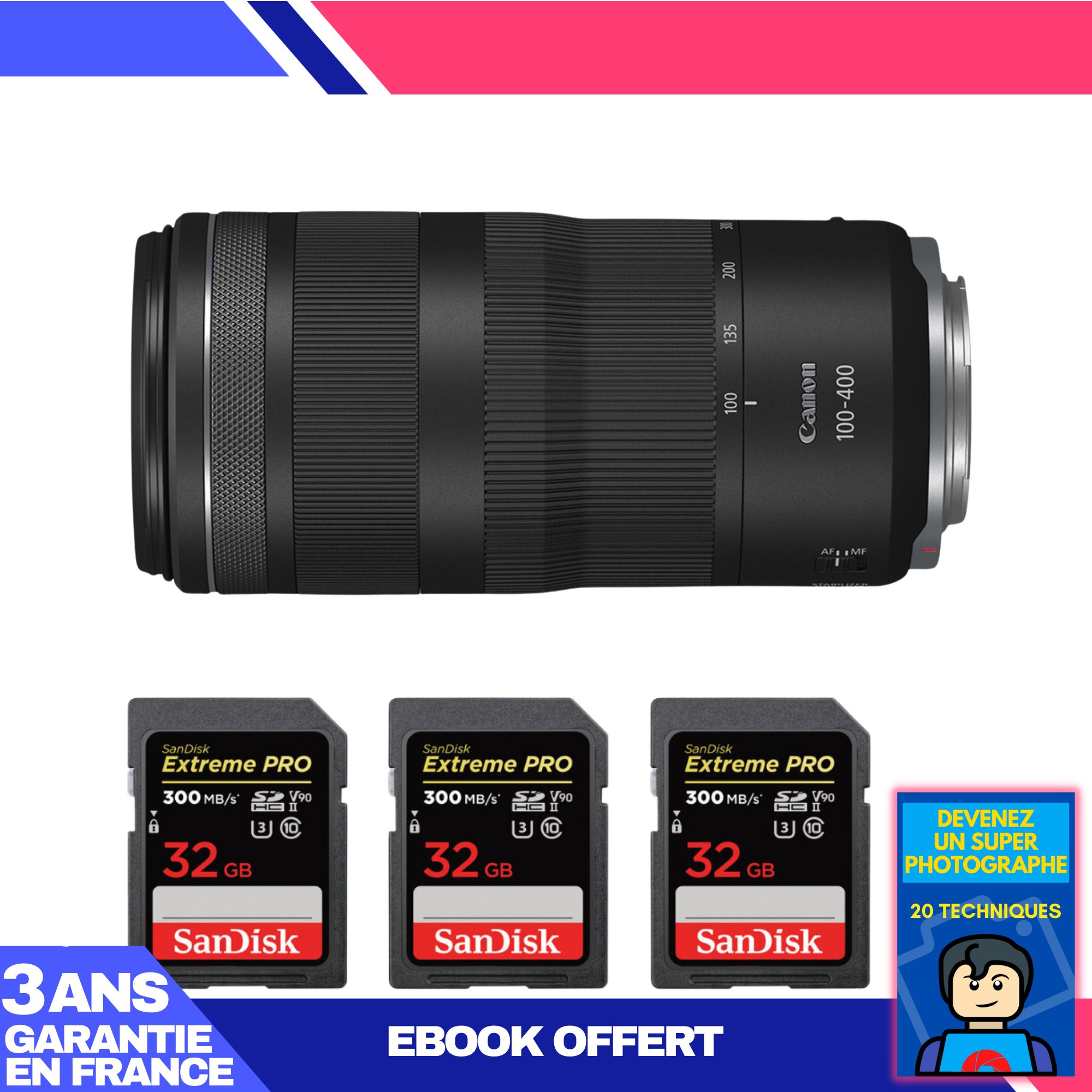 Canon RF 100-400mm f/5.6-8 IS USM Lens + 3 SanDisk 32GB Extreme PRO UHS-II SDXC Memory Cards + 'Become a Super Photographer' Ebook