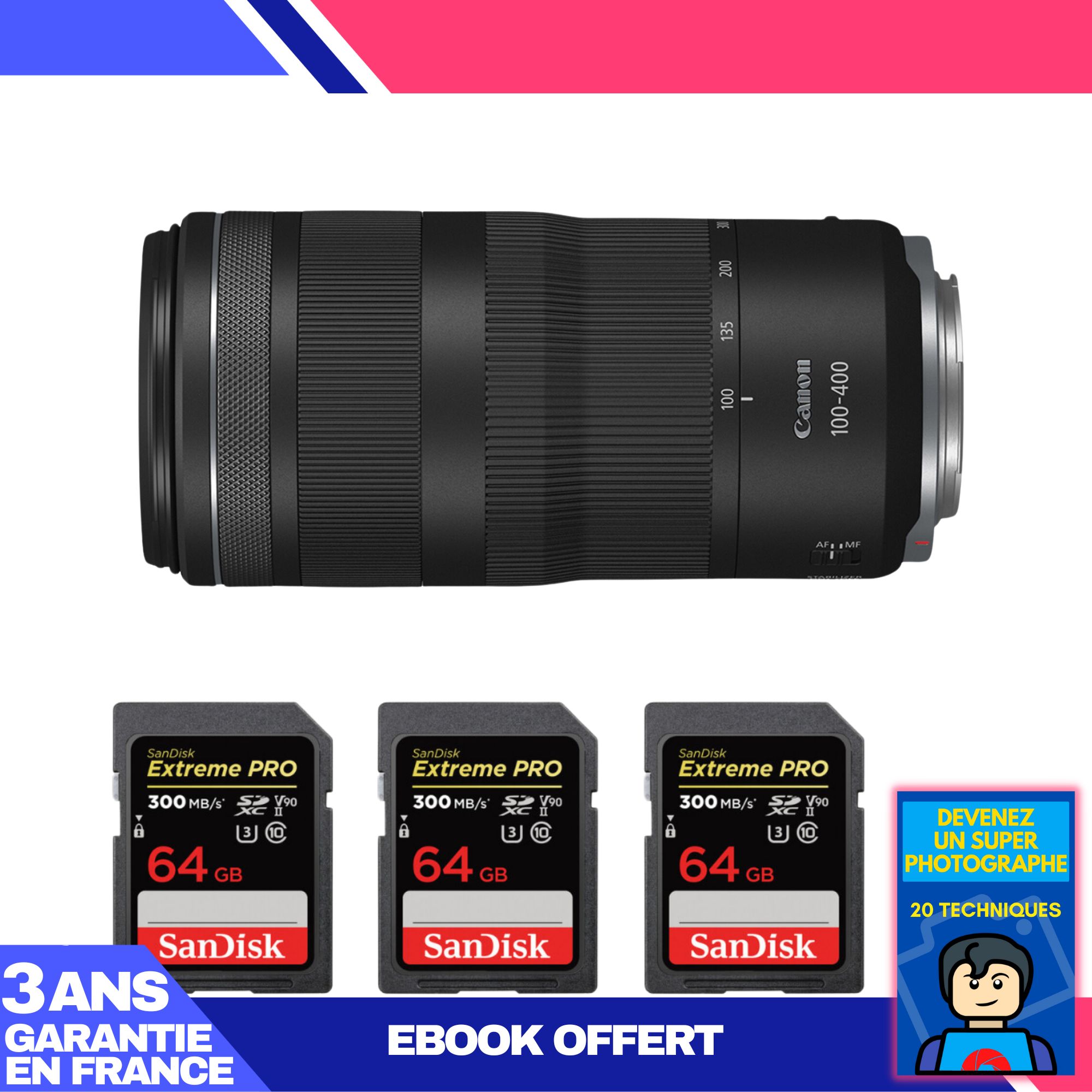 Canon RF 100-400mm f/5.6-8 IS USM Lens + 3 SanDisk 64GB Extreme PRO UHS-II SDXC Cards