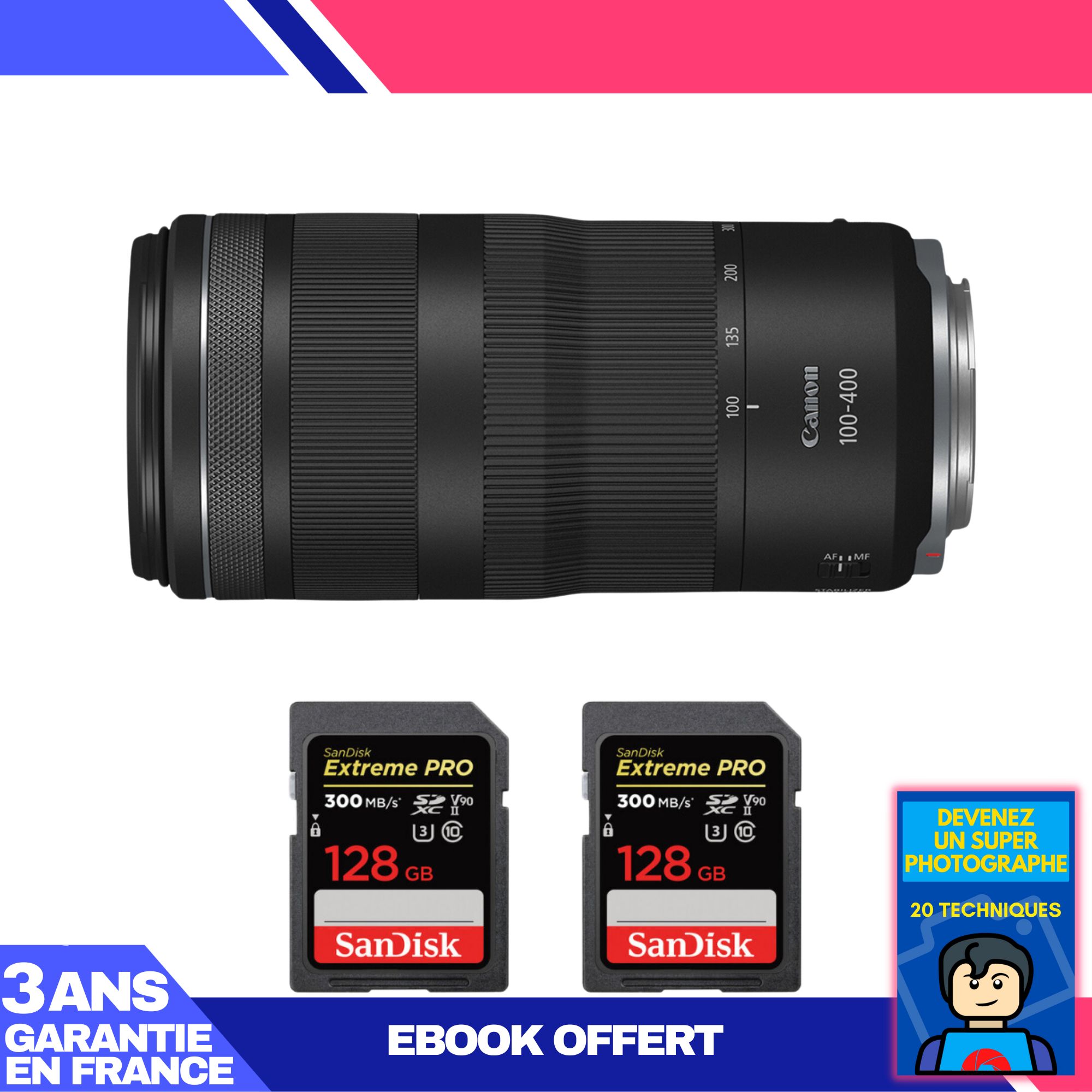 Canon RF 100-400mm f/5.6-8 IS USM Lens + 2 SanDisk 128GB Extreme PRO UHS-II SDXC Cards + 'Become a Super Photographer' Ebook
