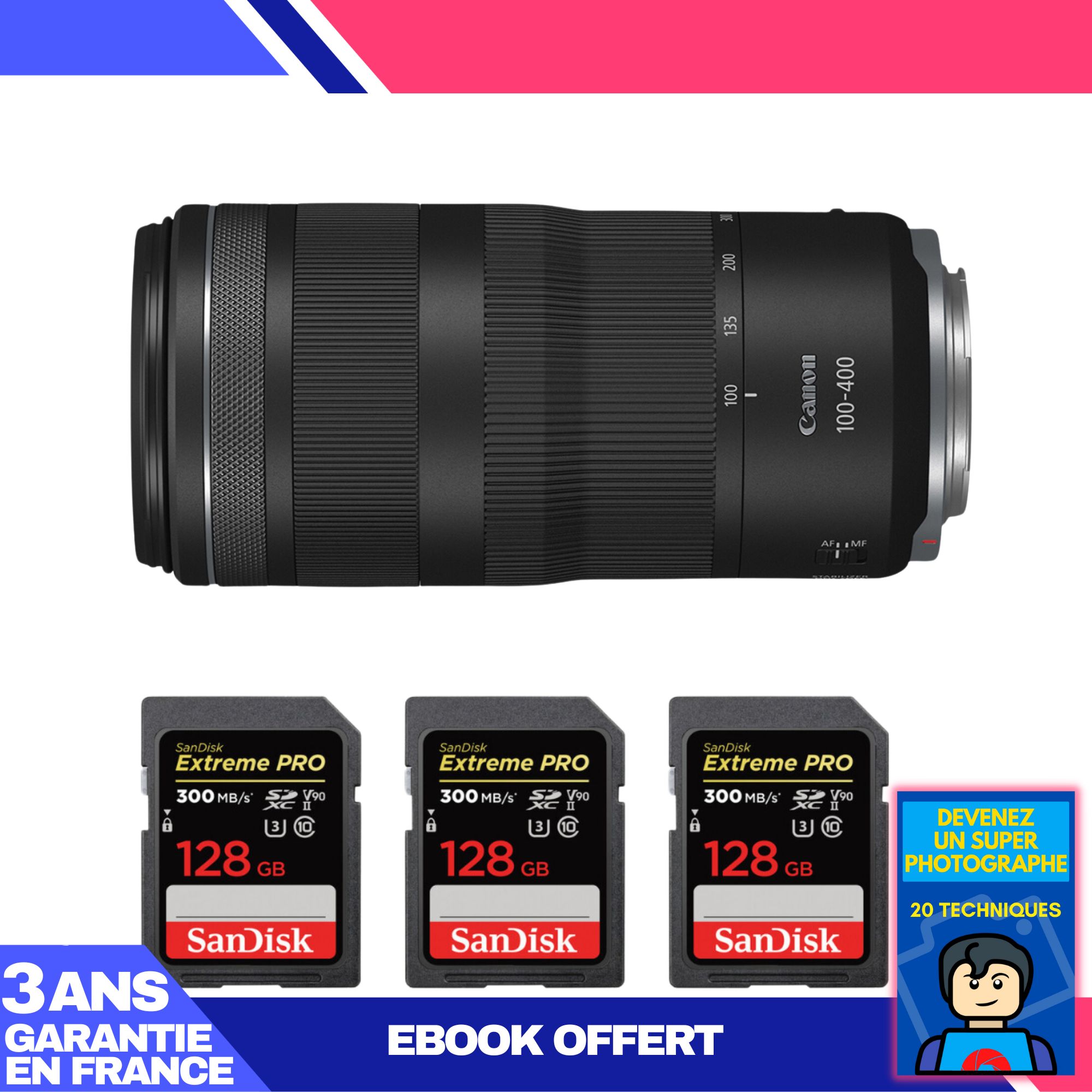 Canon RF 100-400mm f/5.6-8 IS USM Lens + 3 SanDisk 128GB Extreme PRO UHS-II SDXC Cards + Ebook: Become a Super Photographer
