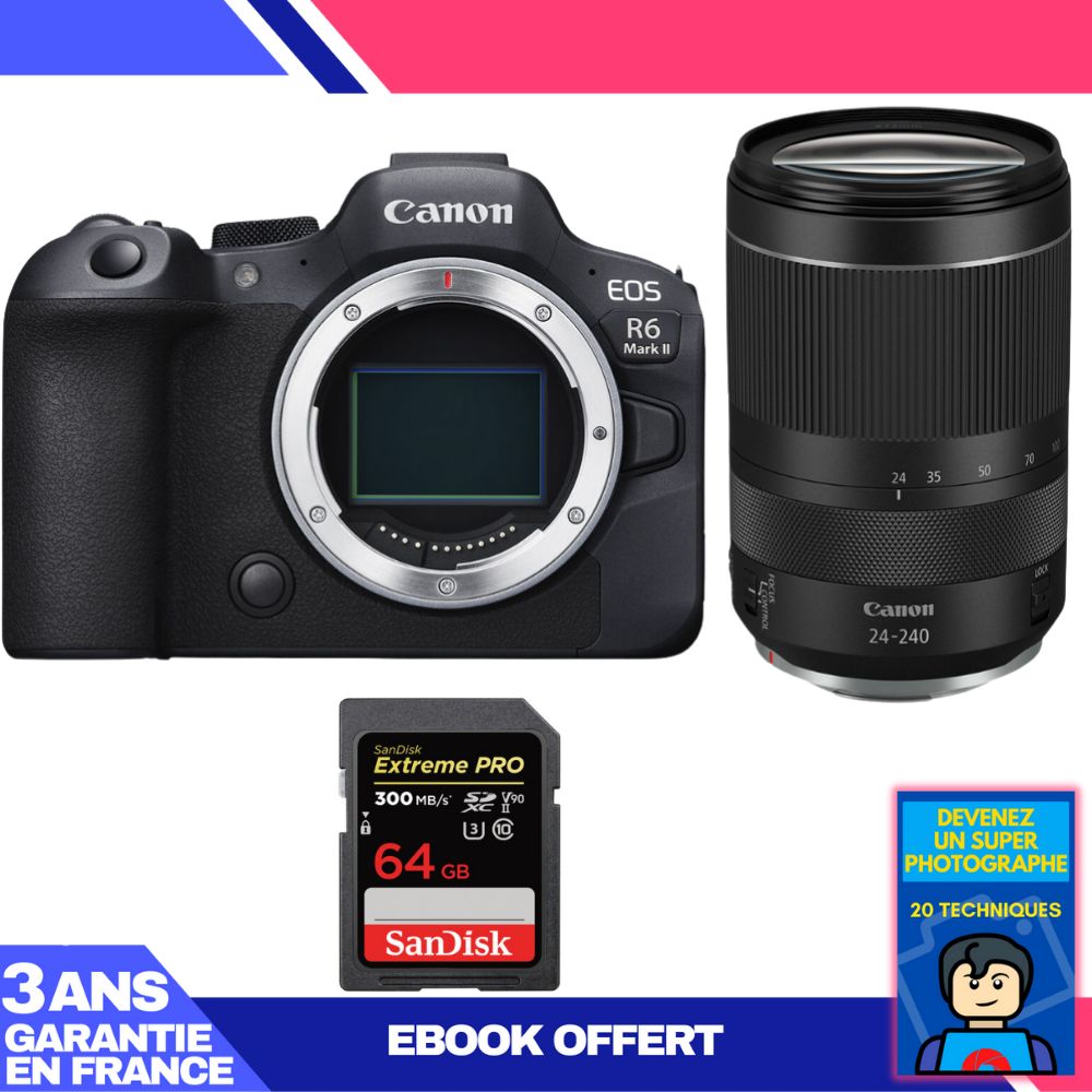 Canon EOS R6 Mark II + RF 24-240mm f/4-6.3 IS USM Lens + 1 SanDisk 64GB Extreme PRO UHS-II SDXC Card + 'Become a Super Photographer' Ebook