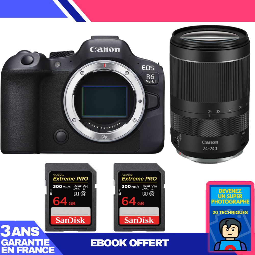 Canon EOS R6 Mark II Camera Kit with RF 24-240mm Lens + SanDisk 64GB Cards (2x) + Ebook