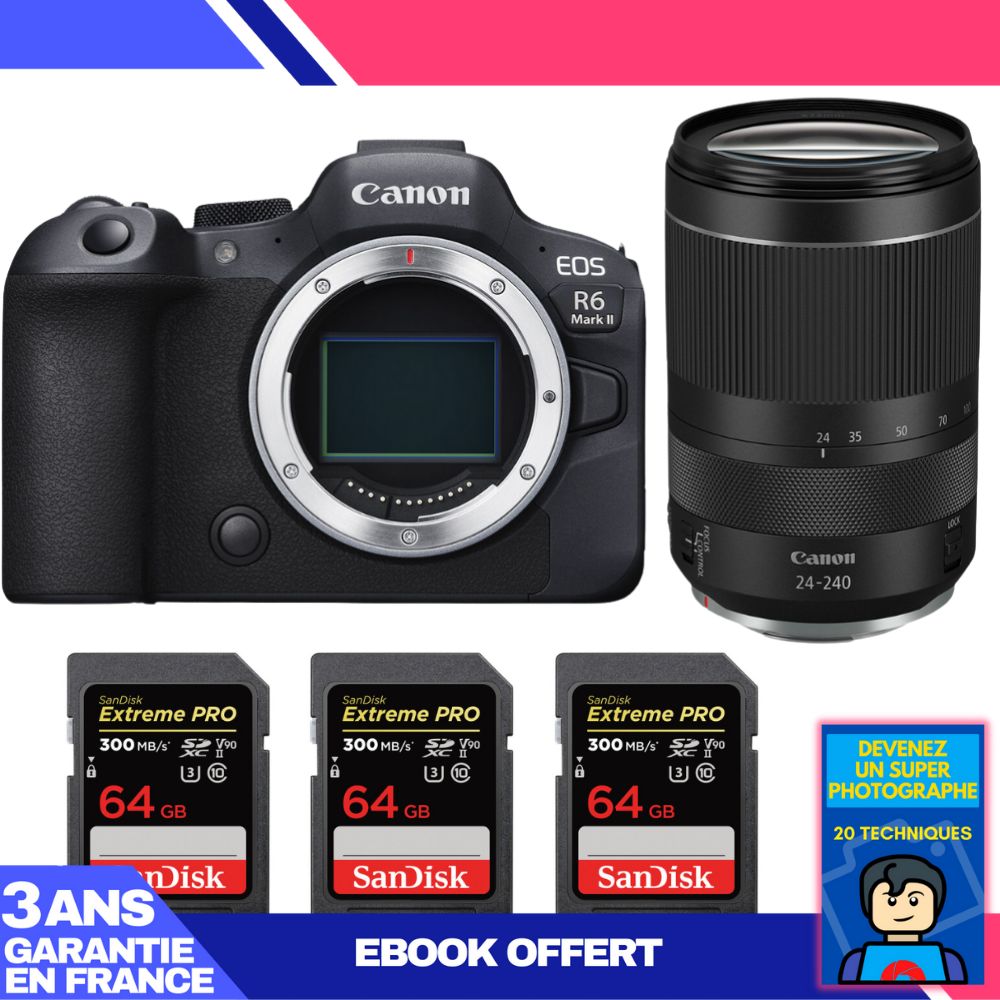 Canon EOS R6 Mark II + RF 24-240mm f/4-6.3 IS USM Lens + 3 SanDisk 64GB Extreme PRO UHS-II SDXC Cards + 'Become a Super Photographer' Ebook