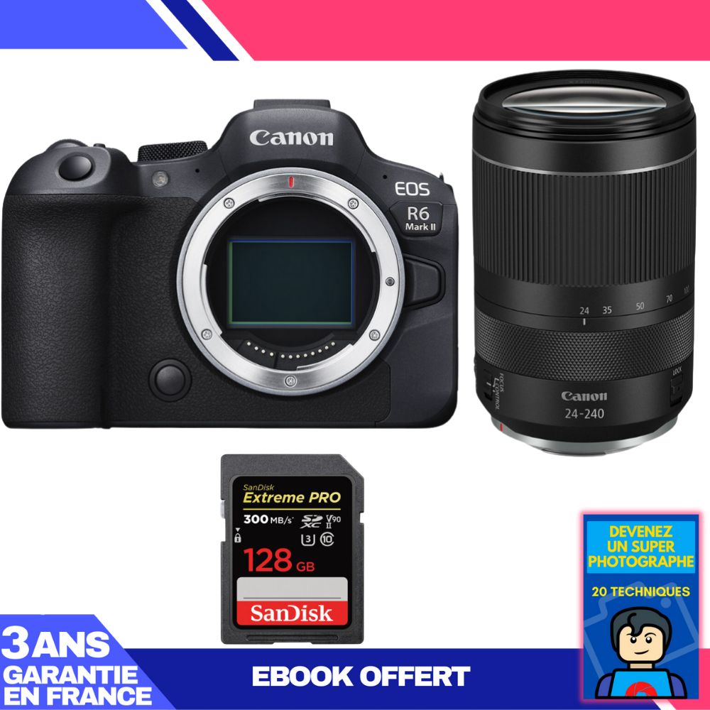 Canon EOS R6 Mark II + objectif RF 24-240mm f/4-6.3 IS USM + carte SanDisk 128 Go Extreme PRO UHS-II SDXC (300 Mo/s) + ebook 'Devenez un photographe exceptionnel'