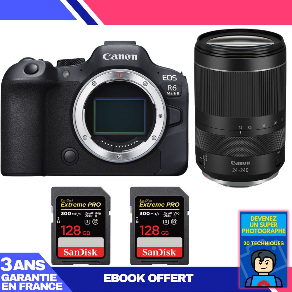 Canon EOS R6 Mark II Camera + RF 24-240mm f/4-6.3 IS USM Lens + 2x 128GB SanDisk Extreme PRO UHS-II SDXC Cards + 'Become a Super Photographer' Ebook
