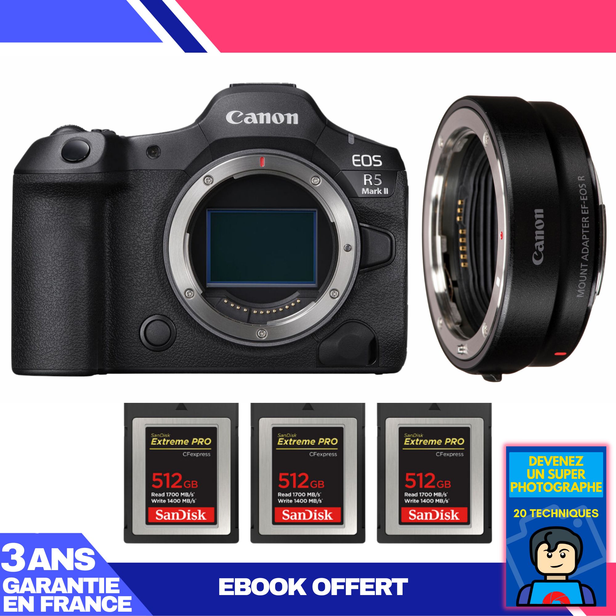 Cámara sin espejo Canon EOS R5 Mark II + Adaptador EF-EOS R + 3 Tarjetas de memoria SanDisk 512GB Extreme PRO CFexpress Tipo B + Ebook 'Conviértase en un Fotógrafo Profesional'