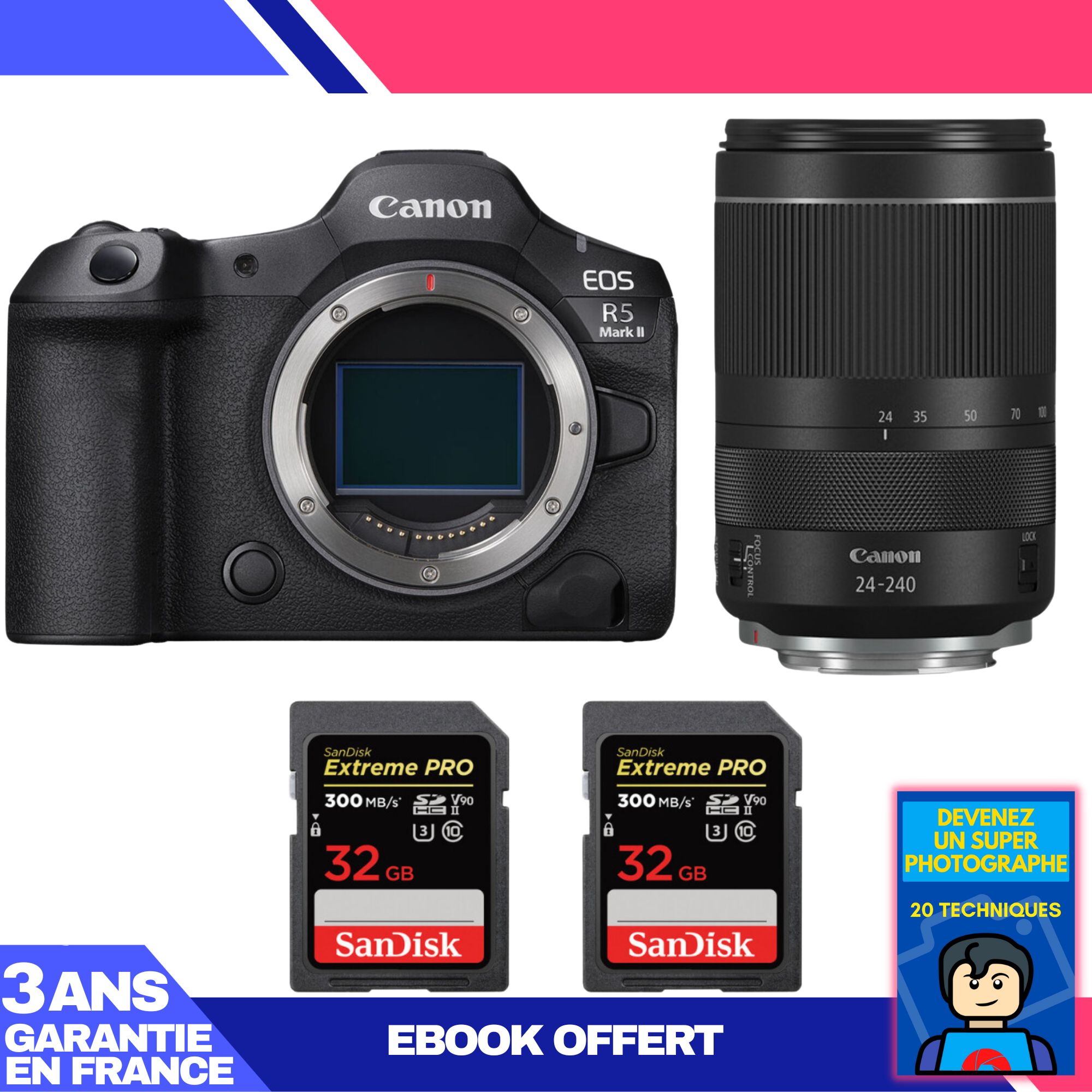 Kit Canon EOS R5 Mark II avec objectif RF 24-240mm f/4-6.3 IS USM + 2 cartes mémoire SanDisk 32 Go Extreme PRO UHS-II