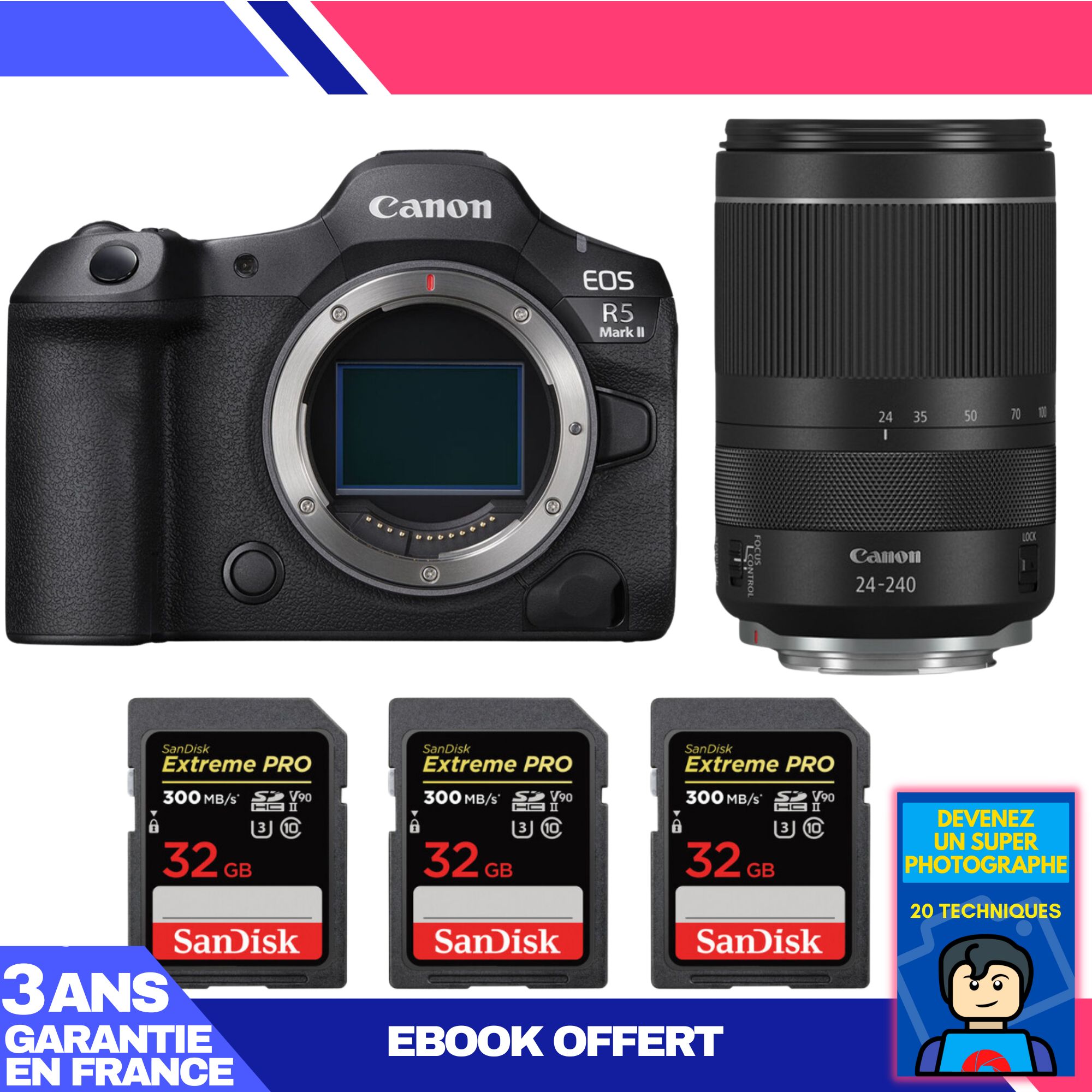 Kit appareil photo Canon EOS R5 Mark II avec objectif RF 24-240mm f/4-6.3 IS USM + 3 cartes SDXC SanDisk 32 Go Extreme PRO UHS-II
