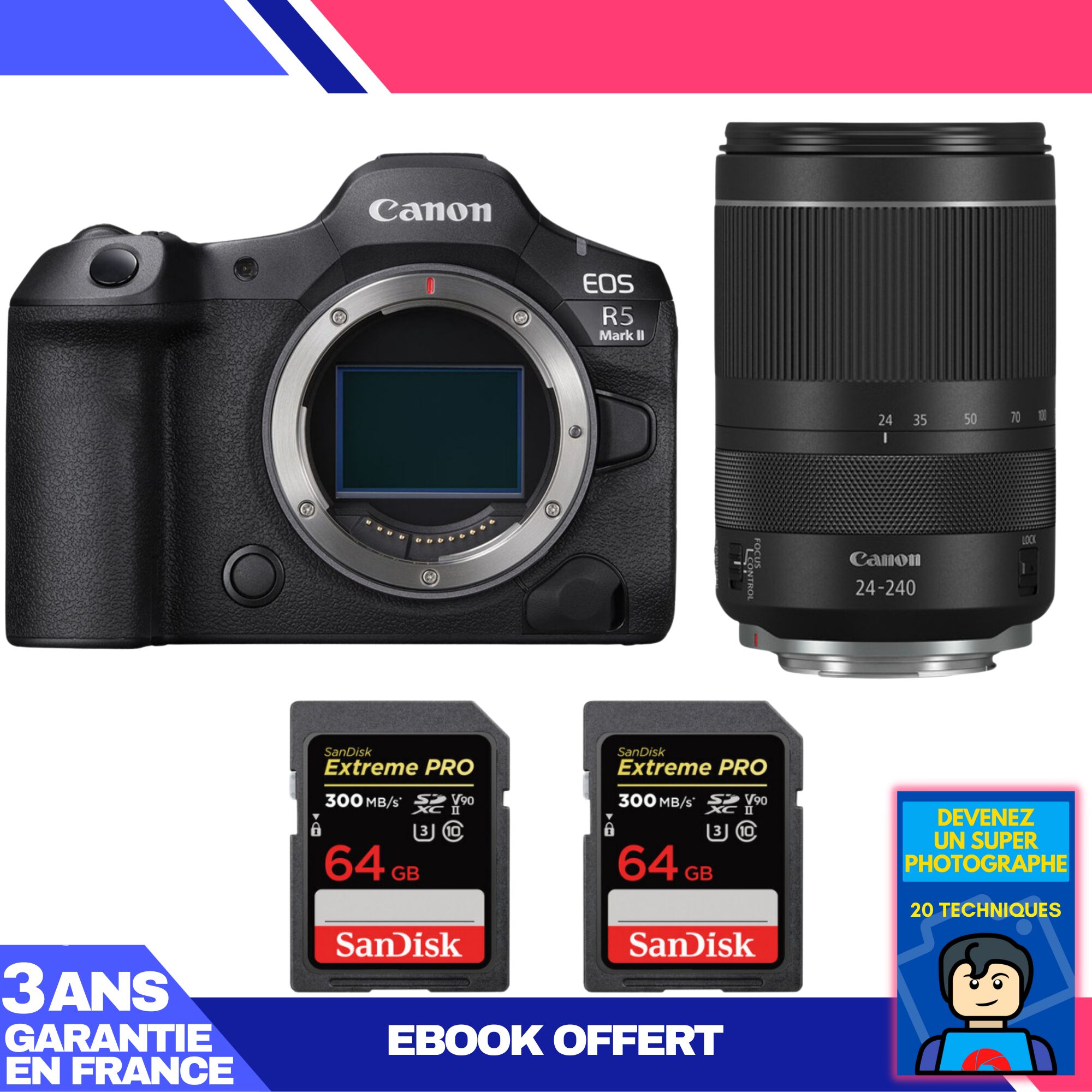 Canon EOS R5 Mark II + Objectif RF 24-240mm f/4-6.3 IS USM + 2 Cartes SDXC SanDisk Extreme PRO 64 Go UHS-II 300 Mo/s + Ebook 'Devenez un Super Photographe'