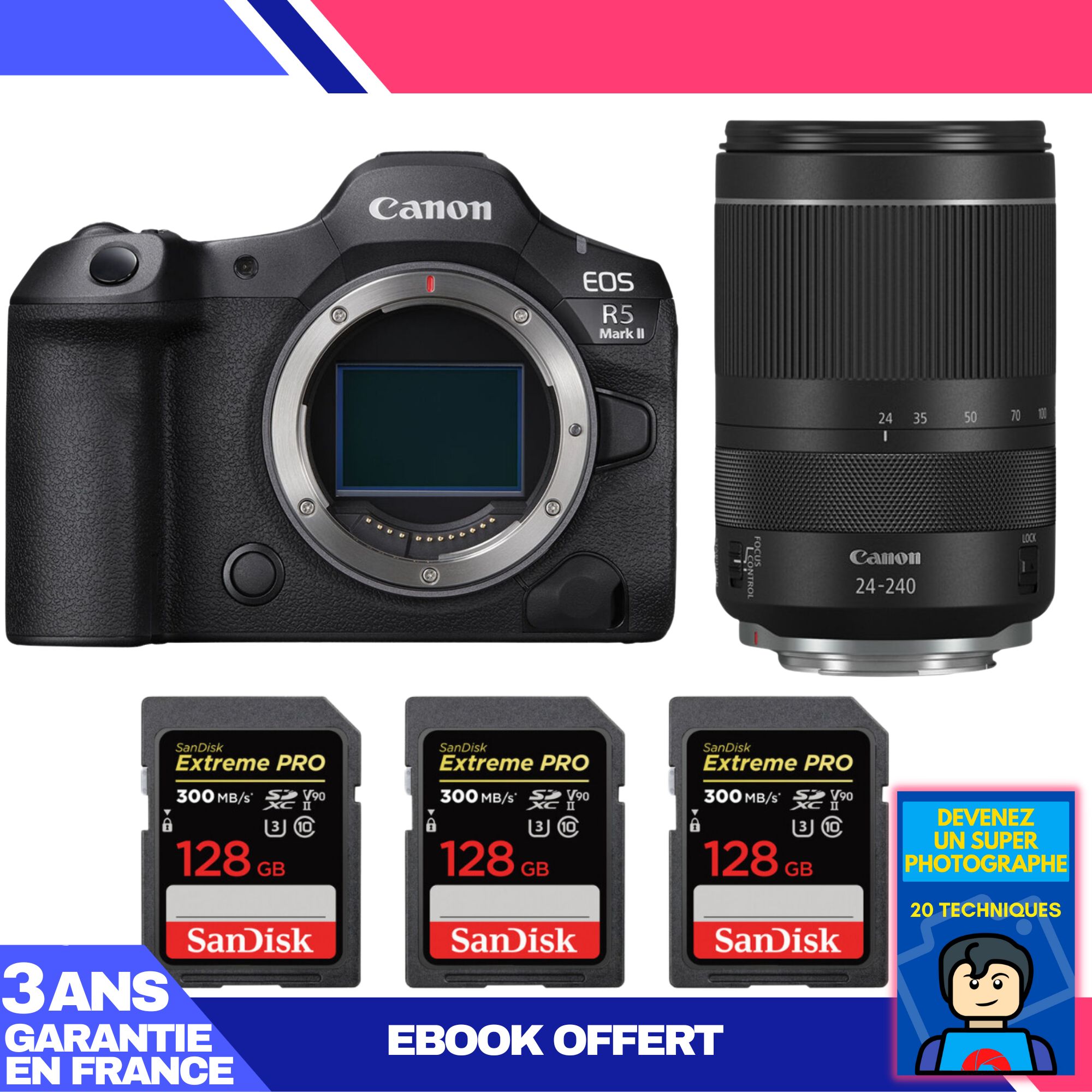 Kit Canon EOS R5 Mark II avec objectif RF 24-240mm f/4-6.3 IS USM + 3 cartes SanDisk 128 Go Extreme PRO UHS-II SDXC